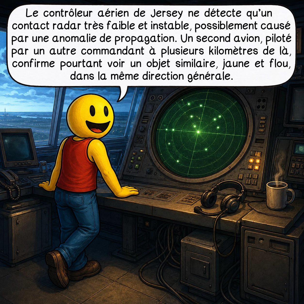 L’affaire des ovnis de Guernesey, case 4 : Le contrôleur aérien de Jersey ne détecte qu’un contact radar très faible et instable, possiblement causé par une anomalie de propagation. Un second avion, piloté par un autre commandant à plusieurs kilomètres de là, confirme pourtant voir un objet similaire, jaune et flou, dans la même direction générale.