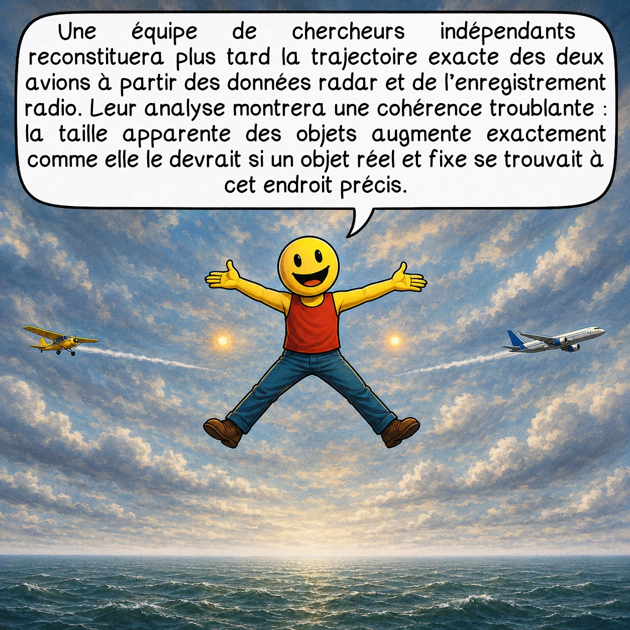 L’affaire des ovnis de Guernesey, case 5 : Une équipe de chercheurs indépendants reconstituera plus tard la trajectoire exacte des deux avions à partir des données radar et de l’enregistrement radio. Leur analyse montrera une cohérence troublante : la taille apparente des objets augmente exactement comme elle le devrait si un objet réel et fixe se trouvait à cet endroit précis.