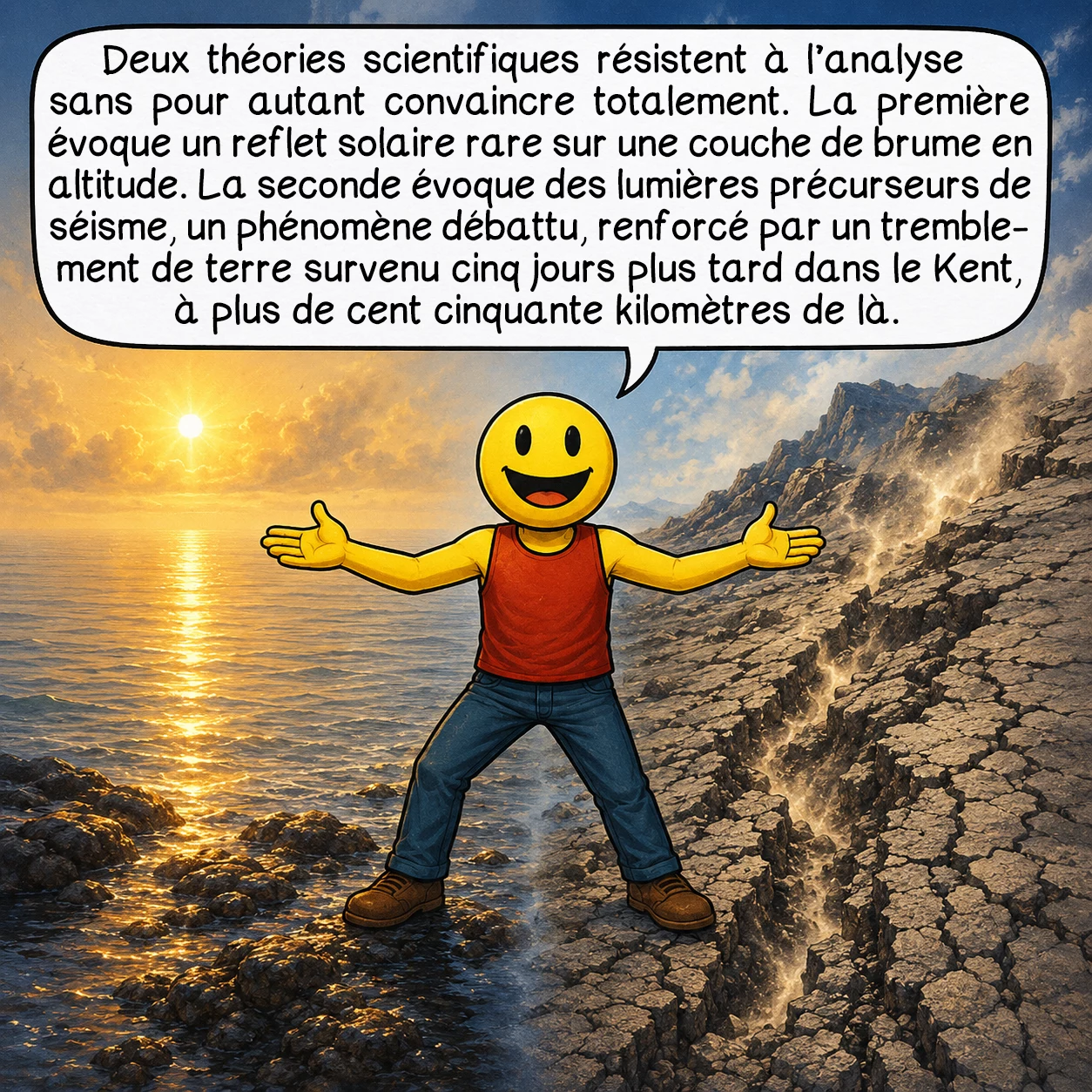L’affaire des ovnis de Guernesey, case 7 : Deux théories scientifiques résistent à l’analyse sans pour autant convaincre totalement. La première évoque un reflet solaire rare sur une couche de brume en altitude. La seconde évoque des lumières précurseurs de séisme, un phénomène débattu, renforcé par un tremblement de terre survenu cinq jours plus tard dans le Kent, à plus de cent cinquante kilomètres de là.