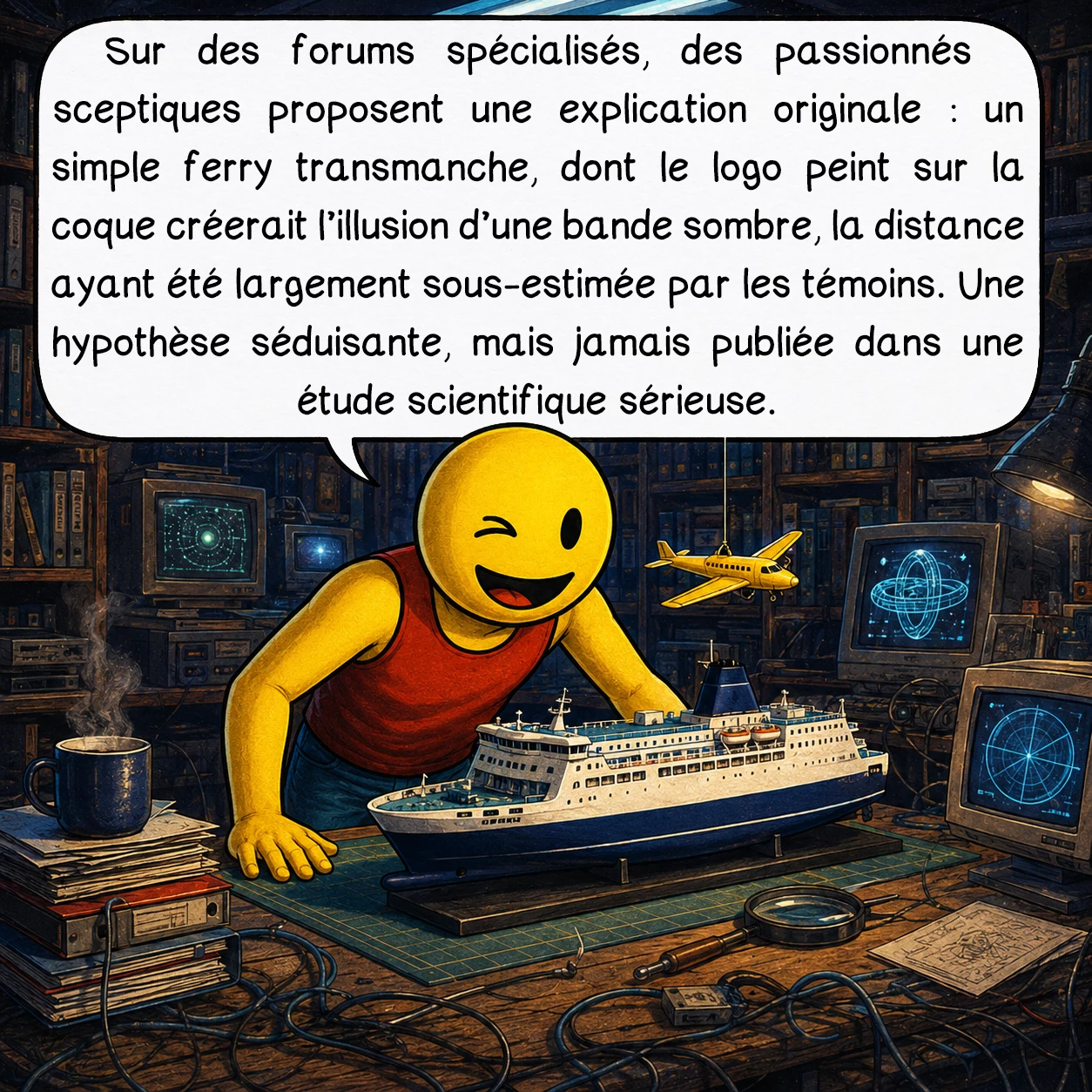 L’affaire des ovnis de Guernesey, case 8 : Sur des forums spécialisés, des passionnés sceptiques proposent une explication originale : un simple ferry transmanche, dont le logo peint sur la coque créerait l’illusion d’une bande sombre, la distance ayant été largement sous-estimée par les témoins. Une hypothèse séduisante, mais jamais publiée dans une étude scientifique sérieuse.