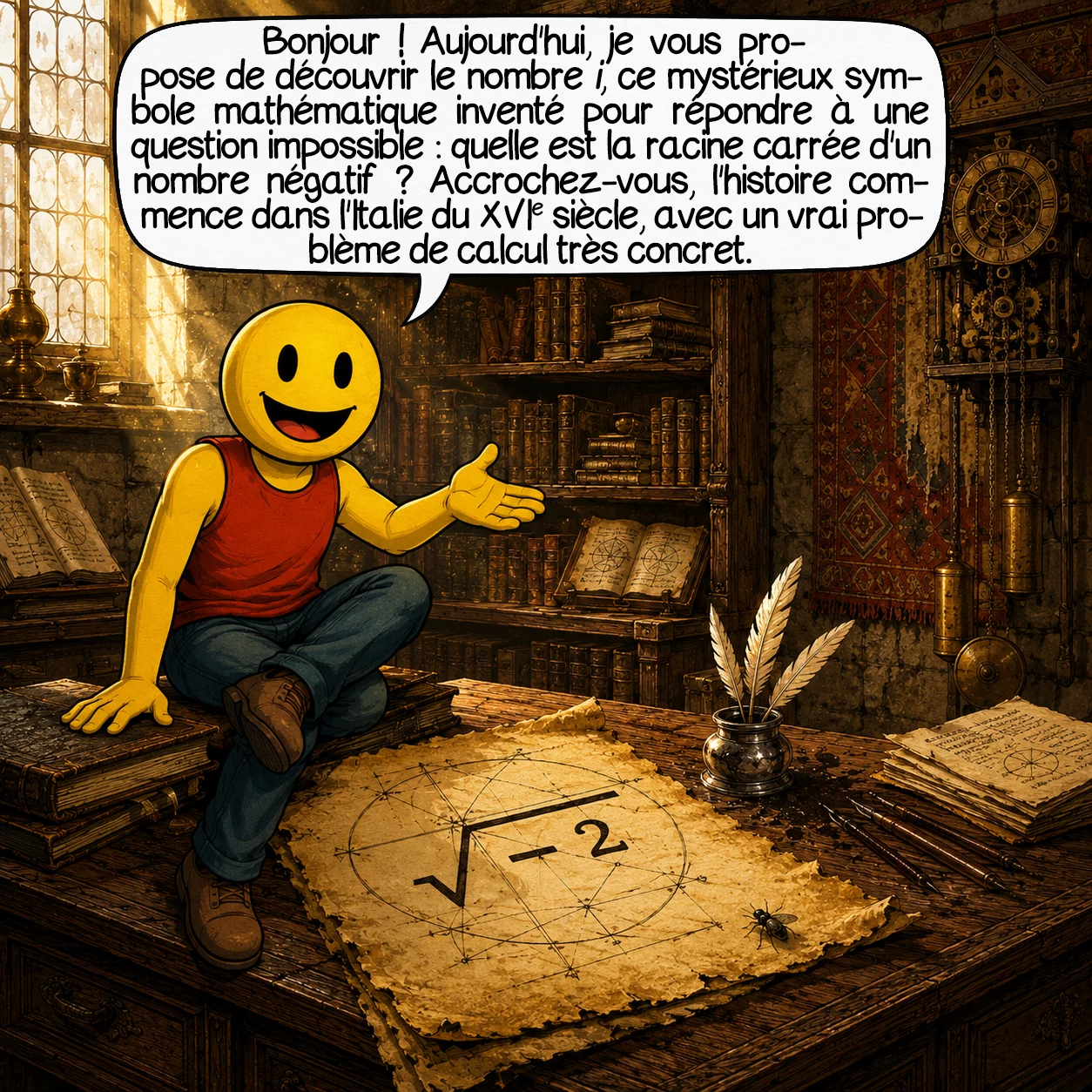 I, case 1 : Bonjour ! Aujourd’hui, je vous propose de découvrir le nombre i, ce mystérieux symbole mathématique inventé pour répondre à une question impossible : quelle est la racine carrée d’un nombre négatif ? Accrochez-vous, l’histoire commence dans l’Italie du XVIe siècle, avec un vrai problème de calcul très concret.