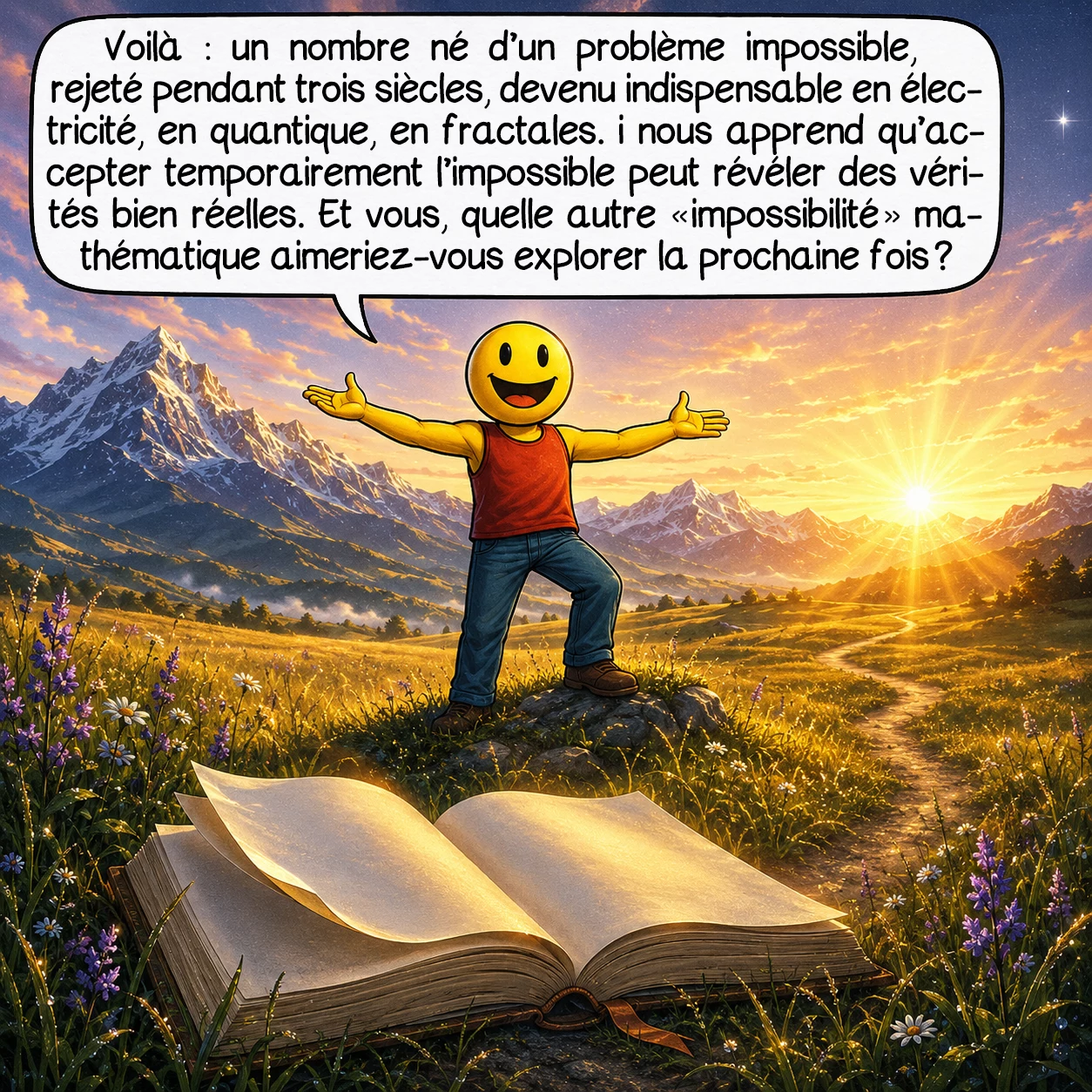 I, case 10 : Voilà : un nombre né d’un problème impossible, rejeté pendant trois siècles, devenu indispensable en électricité, en quantique, en fractales. i nous apprend qu’accepter temporairement l’impossible peut révéler des vérités bien réelles. Et vous, quelle autre « impossibilité » mathématique aimeriez-vous explorer la prochaine fois ?