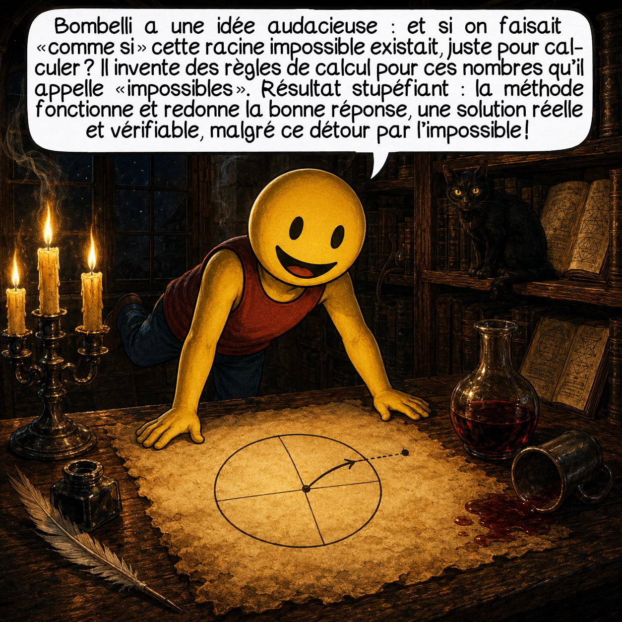 I, case 3 : Bombelli a une idée audacieuse : et si on faisait « comme si » cette racine impossible existait, juste pour calculer ? Il invente des règles de calcul pour ces nombres qu’il appelle « impossibles ». Résultat stupéfiant : la méthode fonctionne et redonne la bonne réponse, une solution réelle et vérifiable, malgré ce détour par l’impossible !