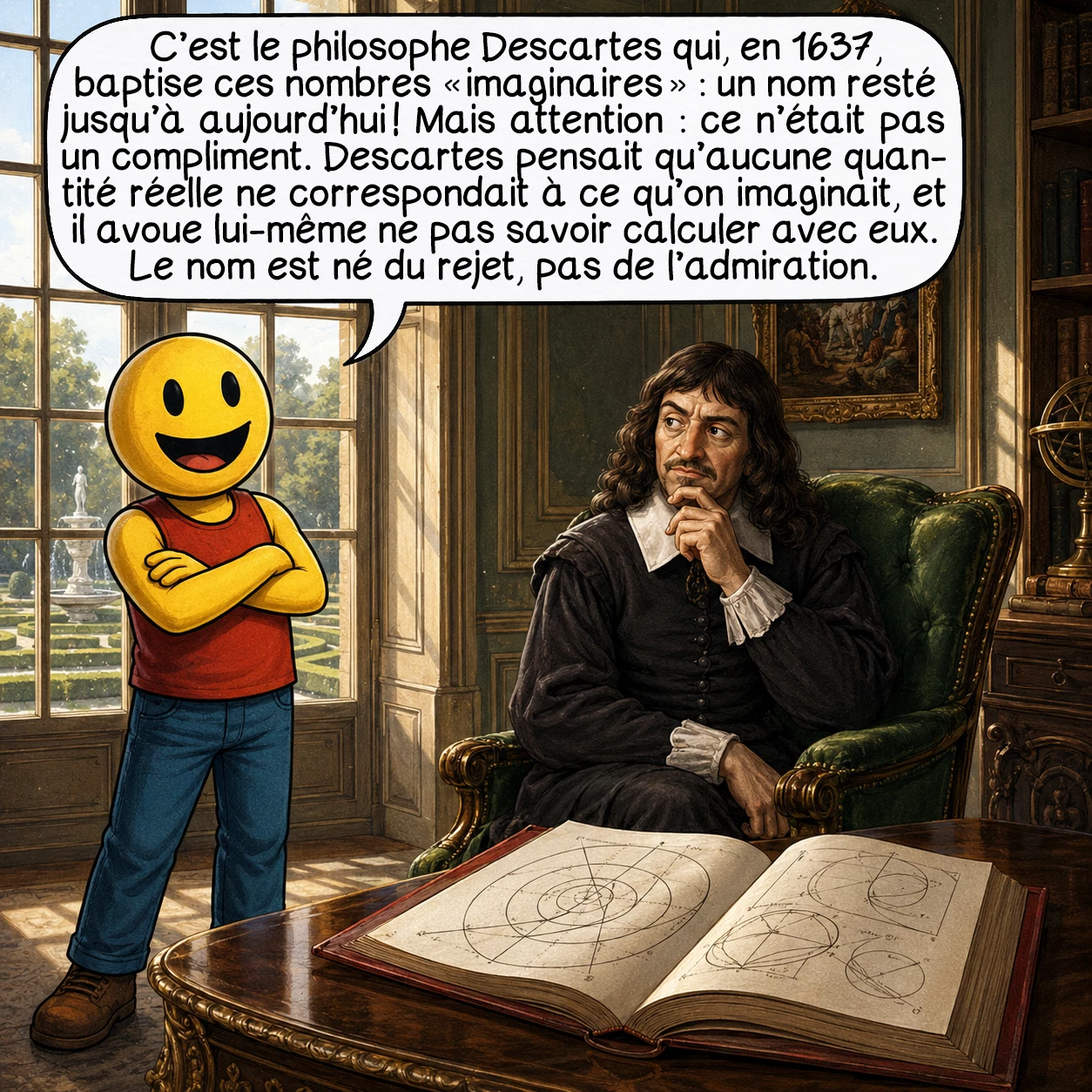I, case 4 : C’est le philosophe Descartes qui, en 1637, baptise ces nombres « imaginaires » — un nom resté jusqu’à aujourd’hui ! Mais attention : ce n’était pas un compliment. Descartes pensait qu’aucune quantité réelle ne correspondait à ce qu’on imaginait, et il avoue lui-même ne pas savoir calculer avec eux. Le nom est né du rejet, pas de l’admiration.