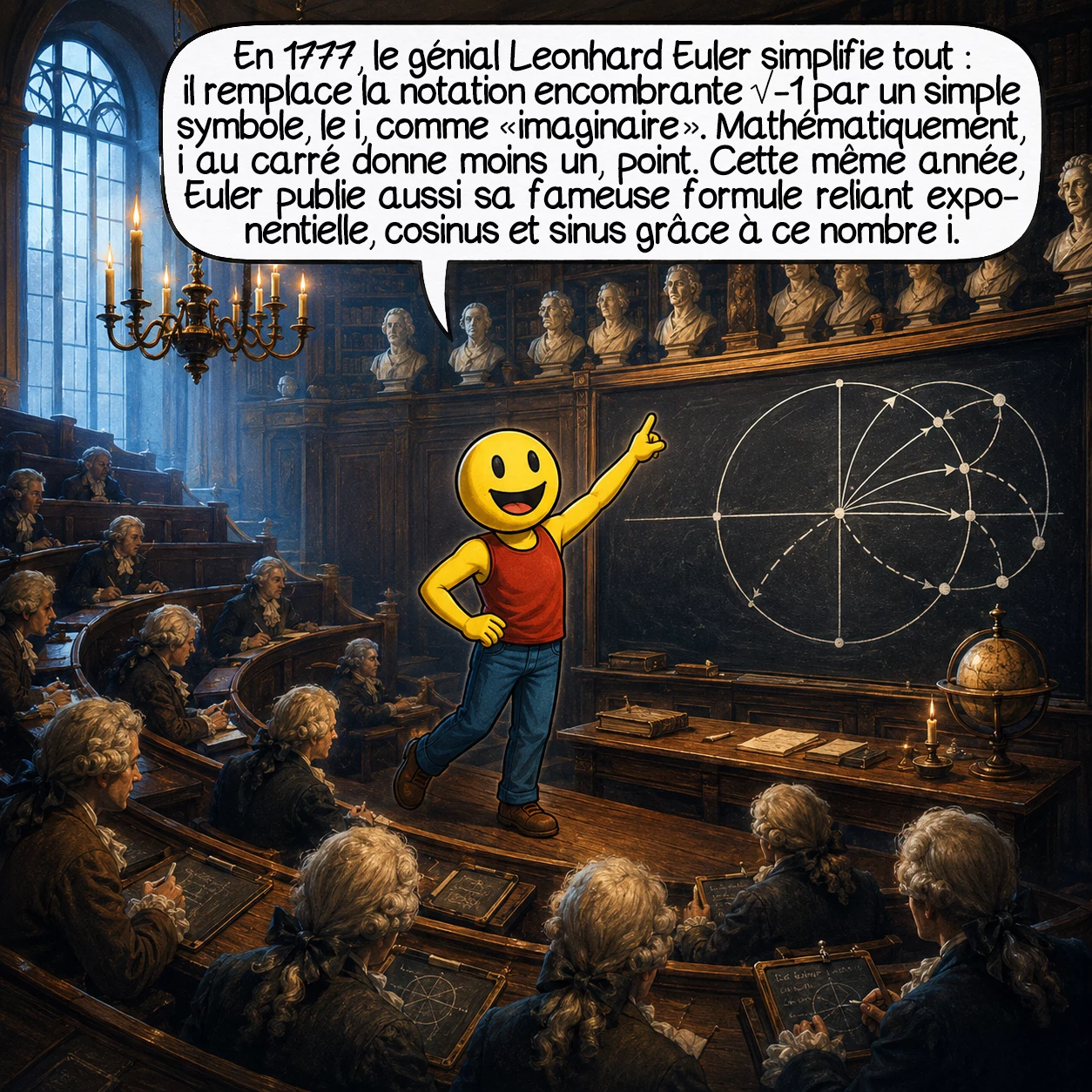 I, case 5 : En 1777, le génial Leonhard Euler simplifie tout : il remplace la notation encombrante racine de moins un par un simple symbole, le i, comme « imaginaire ». Mathématiquement, i au carré donne moins un, point final. Cette même année, Euler publie aussi sa fameuse formule reliant exponentielle, cosinus et sinus grâce à ce nombre i.