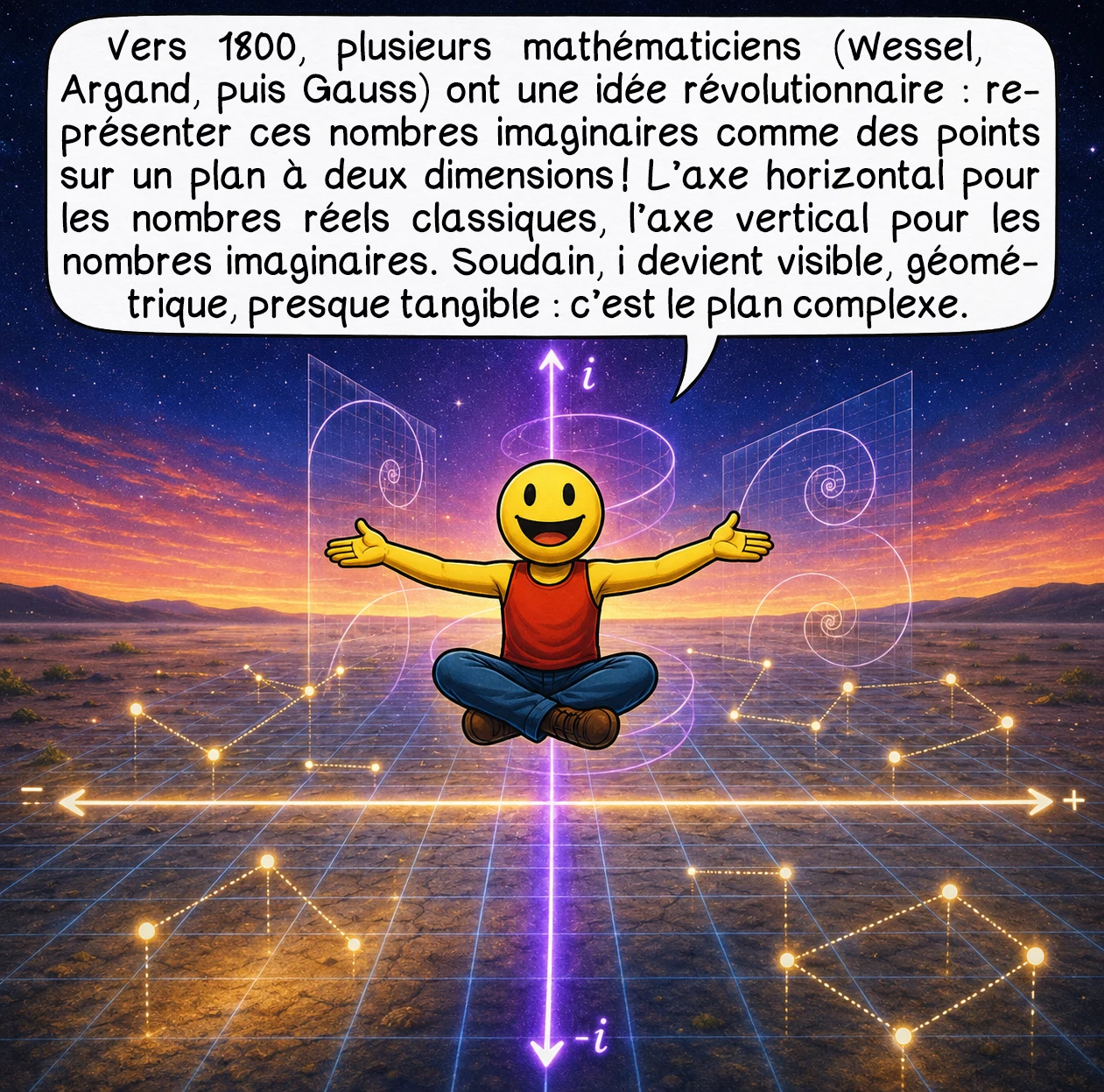 I, case 6 : Vers 1800, plusieurs mathématiciens (Wessel, Argand, puis Gauss) ont une idée révolutionnaire : représenter ces nombres imaginaires comme des points sur un plan à deux dimensions ! L’axe horizontal pour les nombres réels classiques, l’axe vertical pour les nombres imaginaires. Soudain, i devient visible, géométrique, presque tangible : c’est le plan complexe.