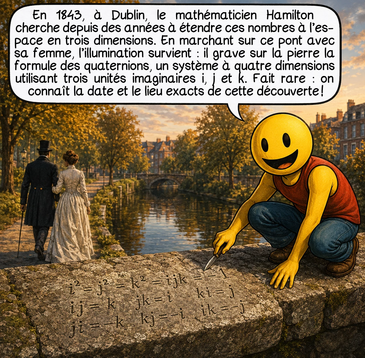 I, case 7 : En 1843, à Dublin, le mathématicien Hamilton cherche depuis des années à étendre ces nombres à l’espace en trois dimensions. En marchant sur ce pont avec sa femme, l’illumination survient : il grave sur la pierre la formule des quaternions, un système à quatre dimensions utilisant trois unités imaginaires i, j et k. Fait rare : on connaît la date et le lieu exacts de cette découverte !