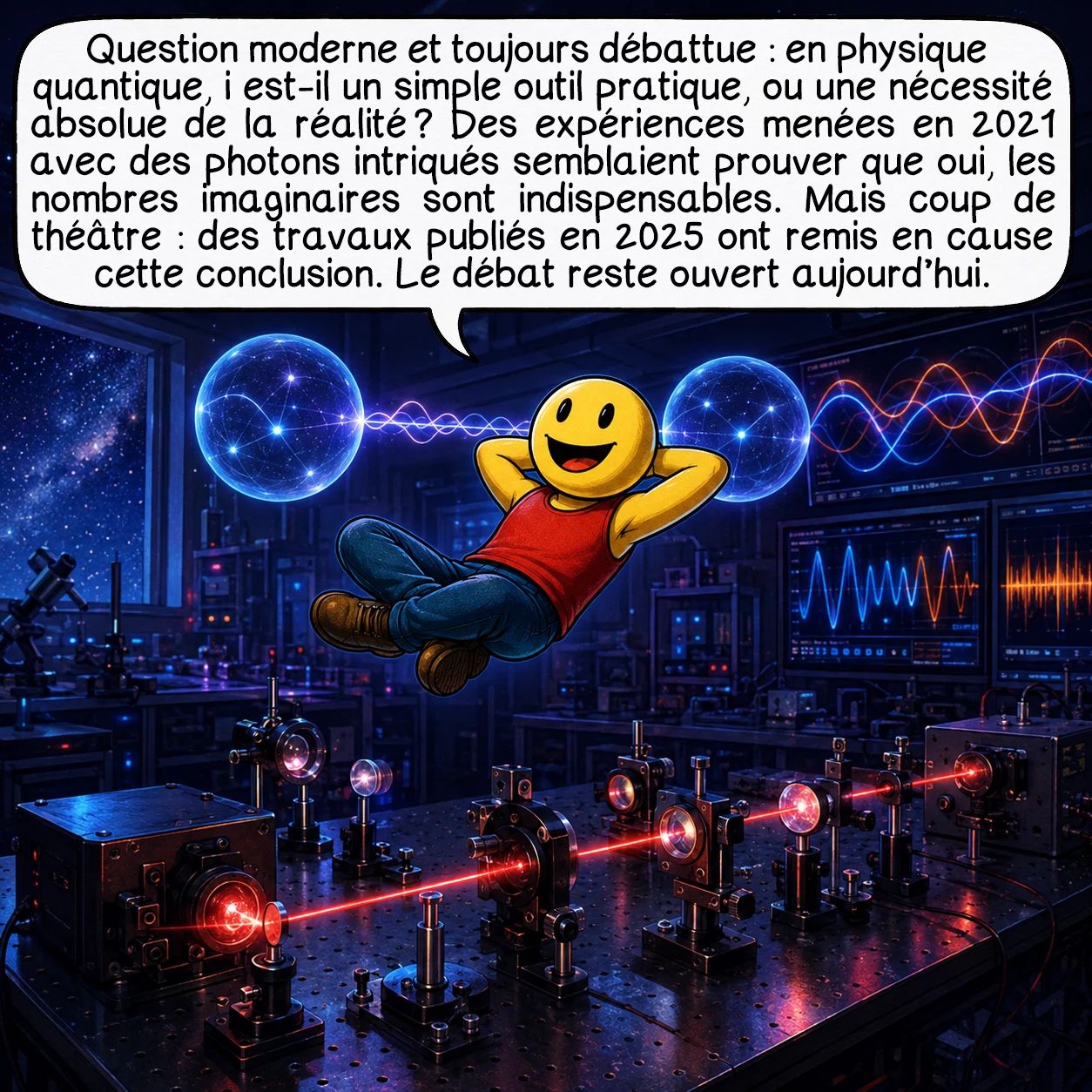 I, case 8 : Question moderne et toujours débattue : en physique quantique, i est-il un simple outil pratique, ou une nécessité absolue de la réalité ? Des expériences menées en 2021 avec des photons intriqués semblaient prouver que oui, les nombres imaginaires sont indispensables. Mais coup de théâtre : des travaux publiés en 2025 ont remis en cause cette conclusion. Le débat reste ouvert aujourd’hui.