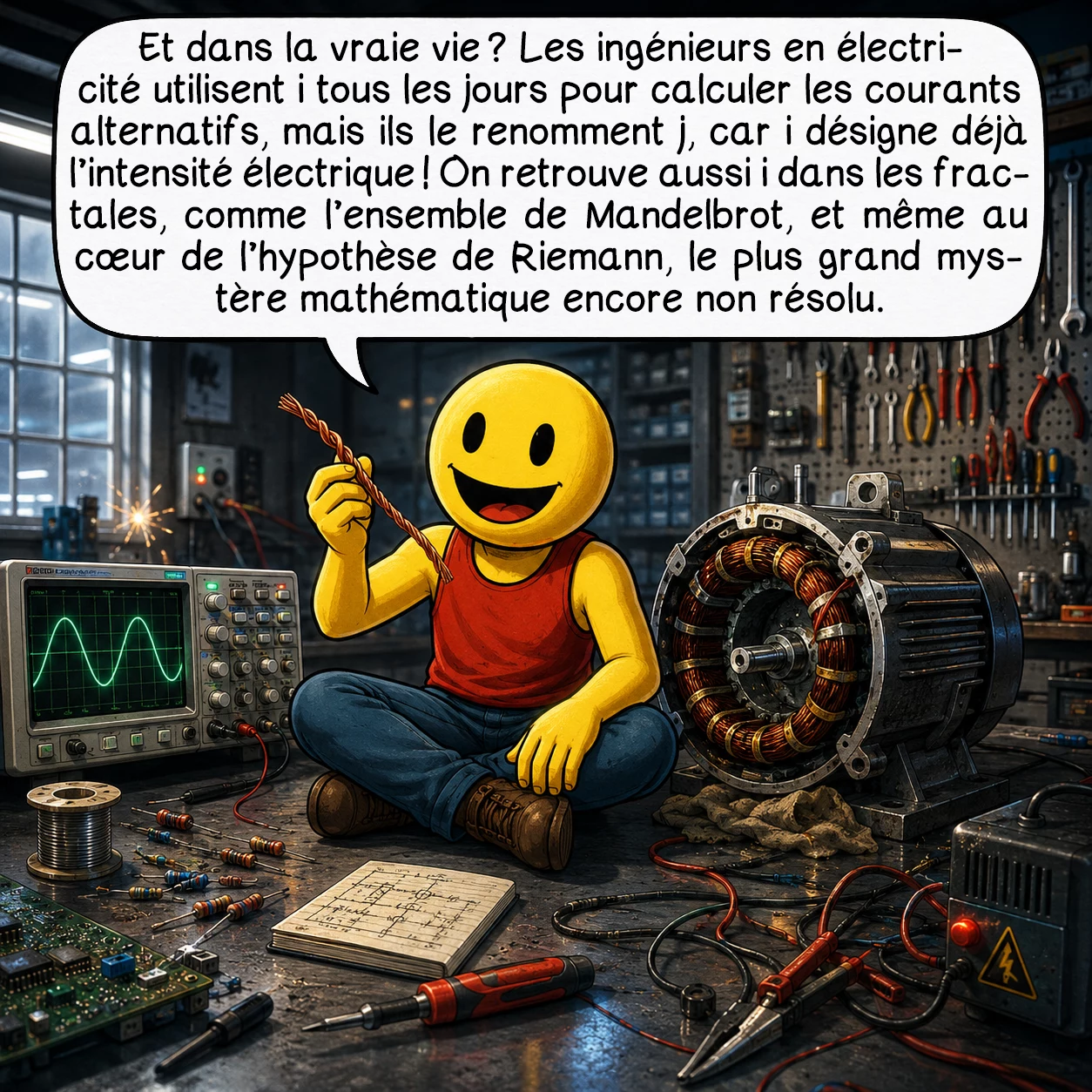 I, case 9 : Et dans la vraie vie ? Les ingénieurs en électricité utilisent i tous les jours pour calculer les courants alternatifs, mais ils le renomment j, car i désigne déjà l’intensité électrique ! On retrouve aussi i dans les fractales, comme l’ensemble de Mandelbrot, et même au cœur de l’hypothèse de Riemann, le plus grand mystère mathématique encore non résolu.