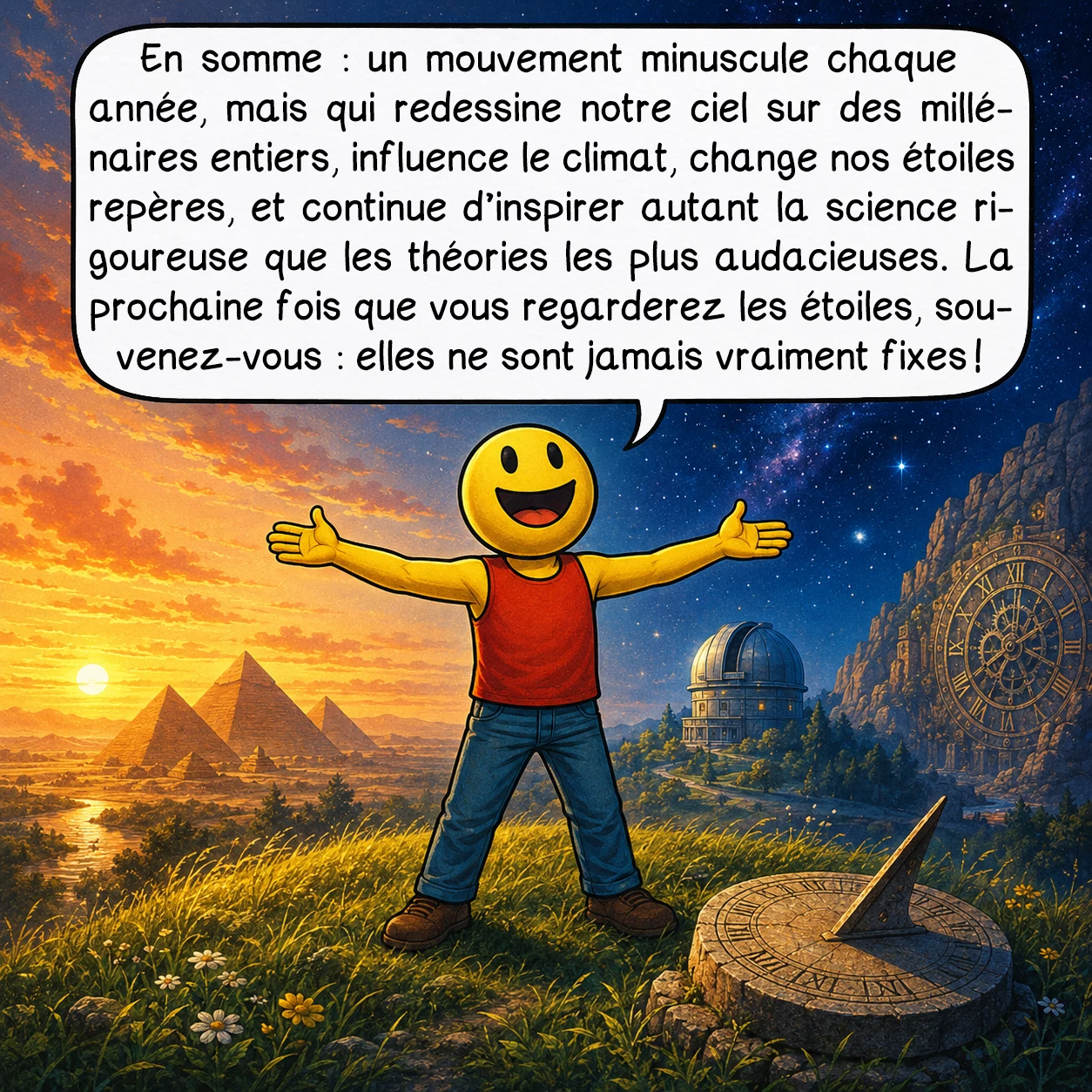 La précession des équinoxes, case 10 : En somme : un mouvement minuscule chaque année, mais qui redessine notre ciel sur des millénaires entiers, influence le climat, change nos étoiles repères, et continue d’inspirer autant la science rigoureuse que les théories les plus audacieuses. La prochaine fois que vous regarderez les étoiles, souvenez-vous : elles ne sont jamais vraiment fixes !