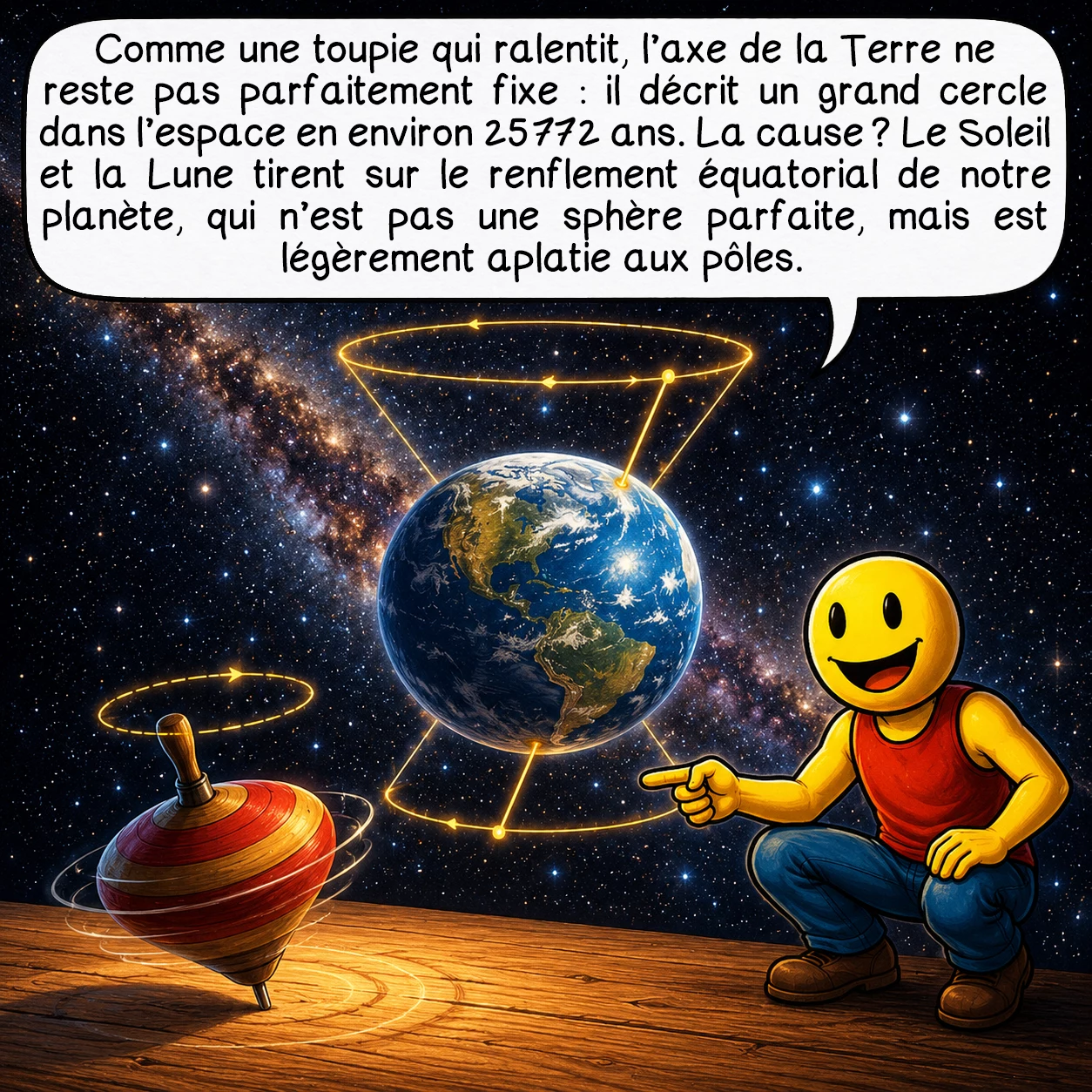 La précession des équinoxes, case 2 : Comme une toupie qui ralentit, l’axe de la Terre ne reste pas parfaitement fixe : il décrit un grand cercle dans l’espace en environ 25 772 ans. La cause ? Le Soleil et la Lune tirent sur le renflement équatorial de notre planète, qui n’est pas une sphère parfaite, mais légèrement aplatie aux pôles.