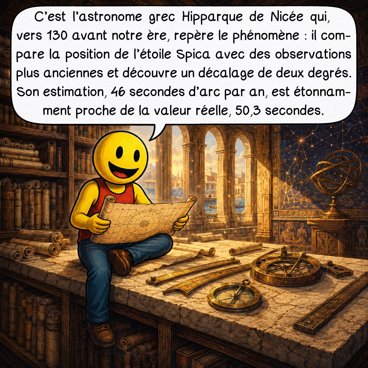 La précession des équinoxes, case 3 : C’est l’astronome grec Hipparque de Nicée qui, vers 130 avant notre ère, repère le phénomène : il compare la position de l’étoile Spica avec des observations plus anciennes et découvre un décalage de deux degrés. Son estimation, 46 secondes d’arc par an, est étonnamment proche de la valeur réelle, 50,3 secondes.