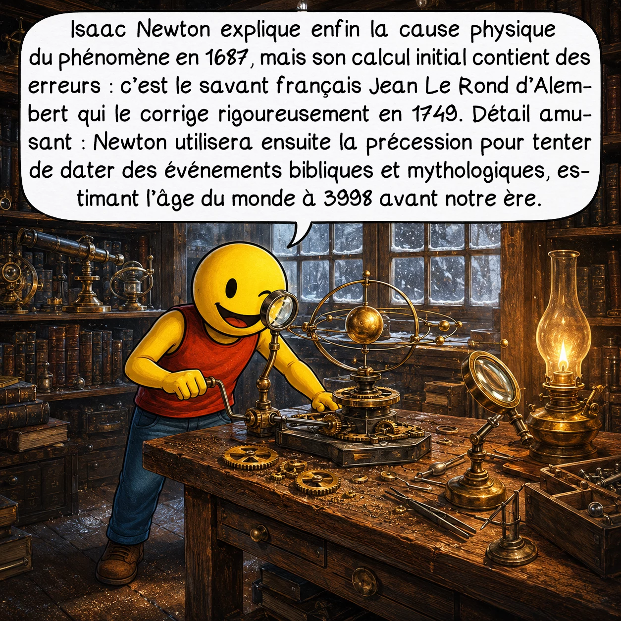 La précession des équinoxes, case 5 : Isaac Newton explique enfin la cause physique du phénomène en 1687, mais son calcul initial contient des erreurs : c’est le savant français Jean Le Rond d’Alembert qui le corrige rigoureusement en 1749. Détail amusant : Newton utilisera ensuite la précession pour tenter de dater des événements bibliques et mythologiques, estimant l’âge du monde à 3998 avant notre ère.