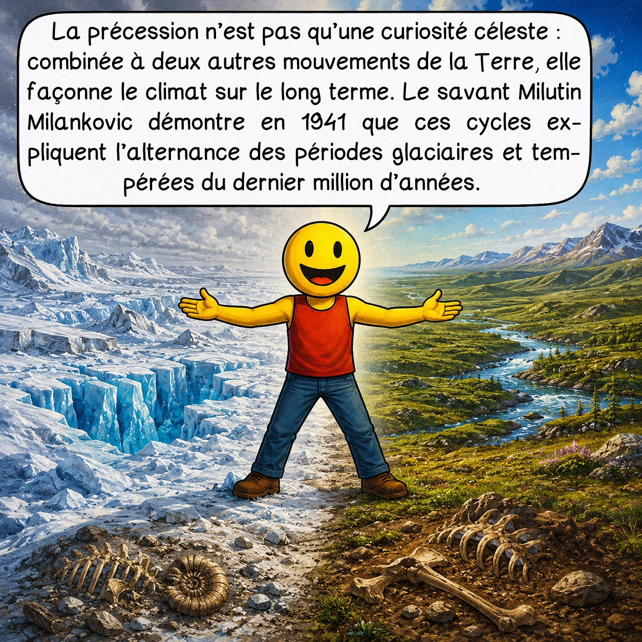 La précession des équinoxes, case 6 : La précession n’est pas qu’une curiosité céleste : combinée à deux autres mouvements de la Terre, elle façonne le climat sur le long terme. Le savant Milutin Milanković démontre en 1941 que ces cycles expliquent l’alternance des périodes glaciaires et tempérées du dernier million d’années.