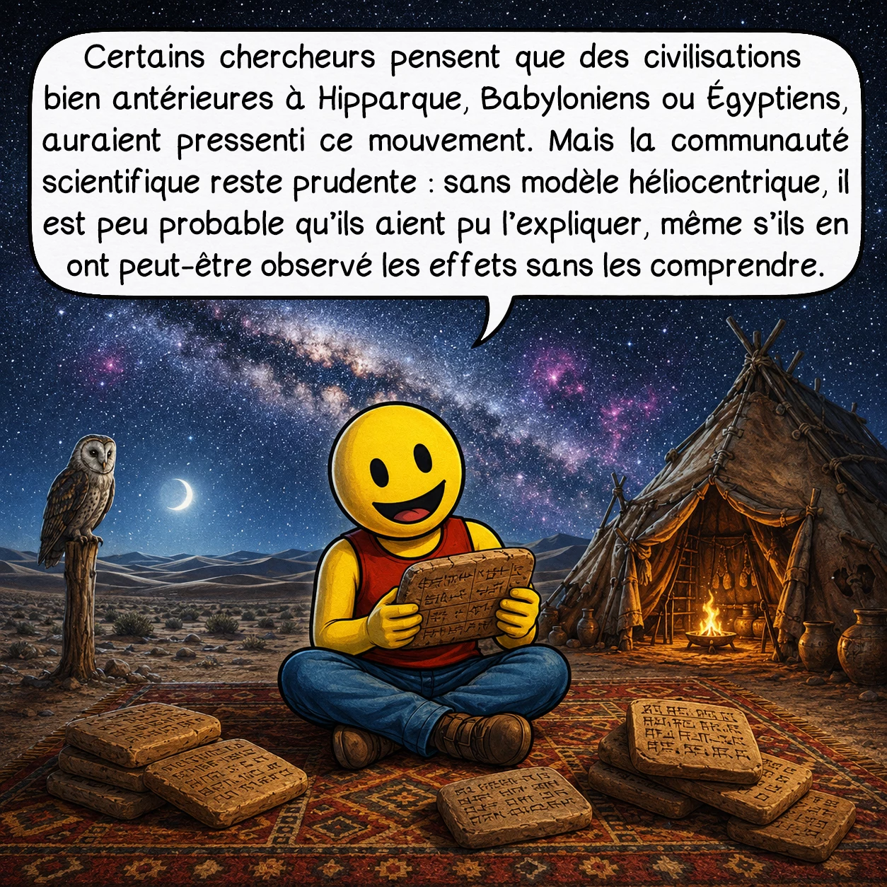 La précession des équinoxes, case 7 : Certains chercheurs pensent que des civilisations bien antérieures à Hipparque, Babyloniens ou Égyptiens, auraient pressenti ce mouvement. Mais la communauté scientifique reste prudente : sans modèle héliocentrique, il est peu probable qu’ils aient pu l’expliquer, même s’ils en ont peut-être observé les effets sans les comprendre.
