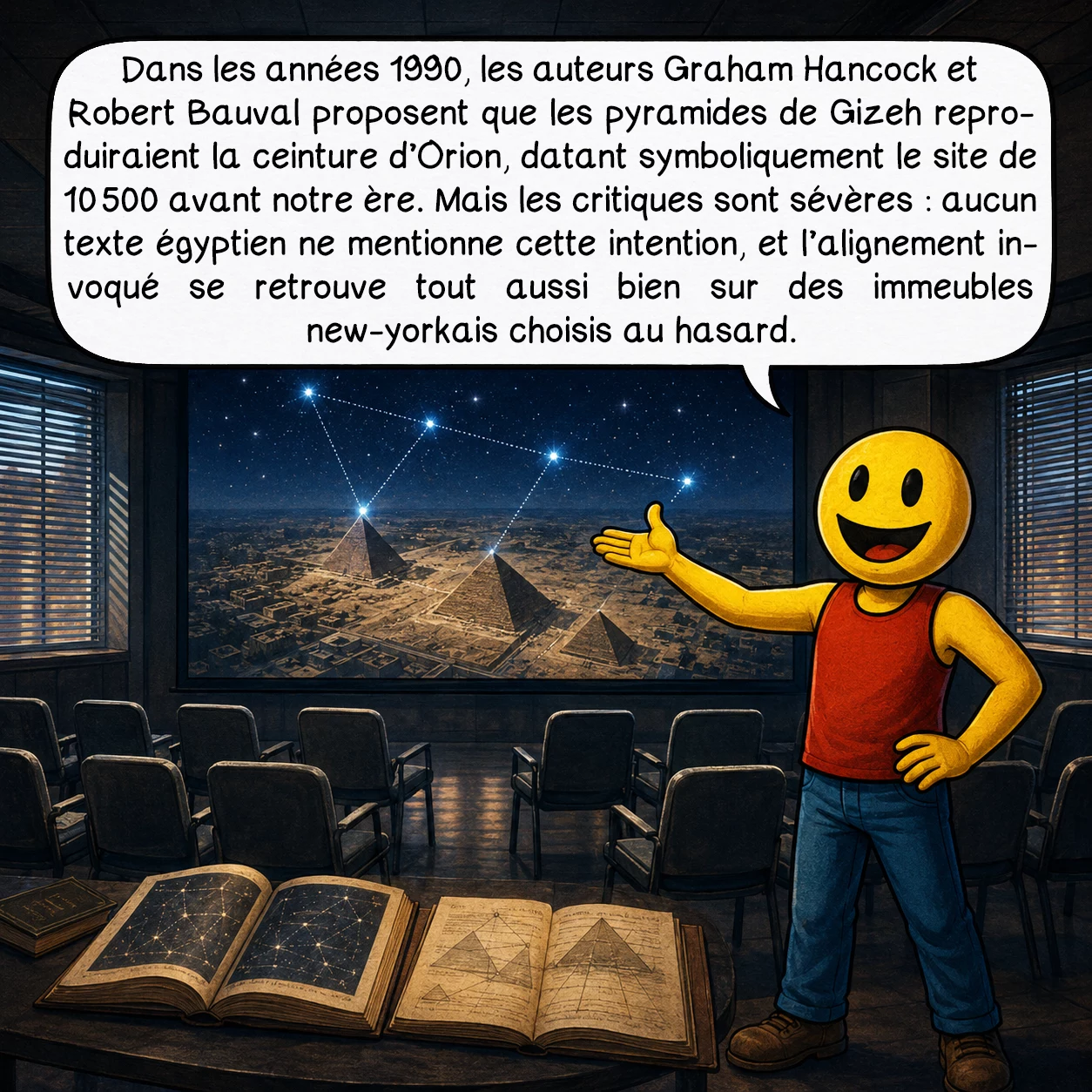La précession des équinoxes, case 8 : Dans les années 1990, les auteurs Graham Hancock et Robert Bauval proposent que les pyramides de Gizeh reproduiraient la ceinture d’Orion, datant symboliquement le site de 10 500 avant notre ère. Mais les critiques sont sévères : aucun texte égyptien ne mentionne cette intention, et l’alignement invoqué se retrouve tout aussi bien sur des immeubles new-yorkais choisis au hasard.