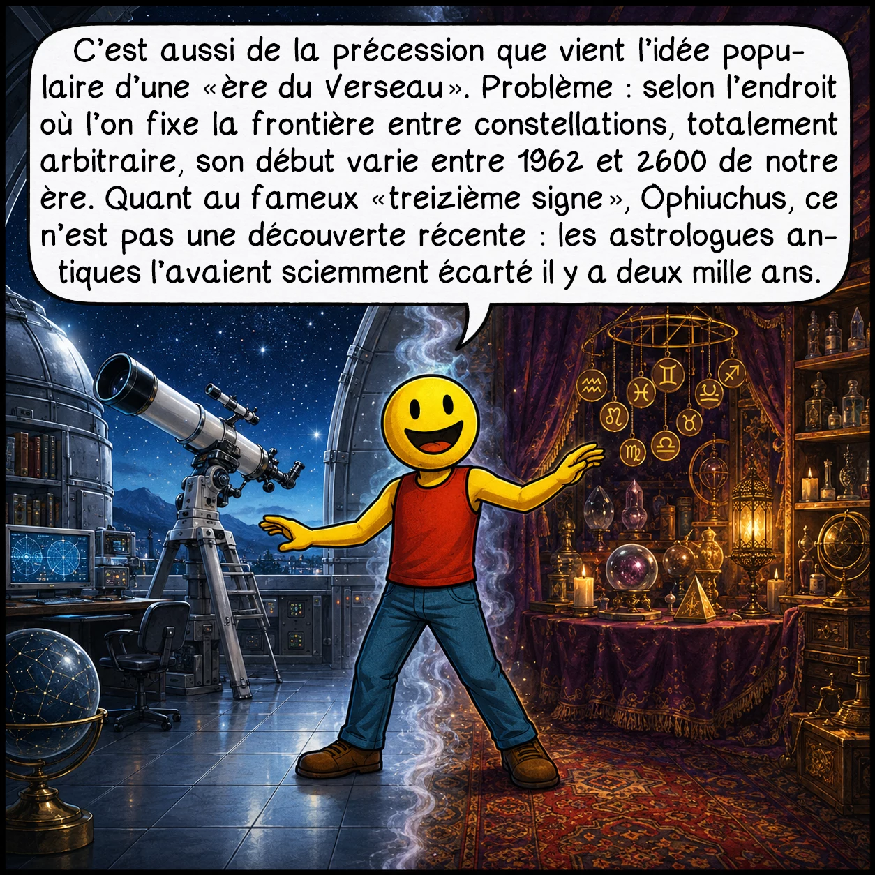 La précession des équinoxes, case 9 : C’est aussi de la précession que vient l’idée populaire d’une « ère du Verseau ». Problème : selon l’endroit où l’on fixe la frontière entre constellations, totalement arbitraire, son début varie entre 1962 et 2600 de notre ère. Quant au fameux « treizième signe », Ophiuchus, ce n’est pas une découverte récente : les astrologues antiques l’avaient sciemment écarté il y a deux mille ans.