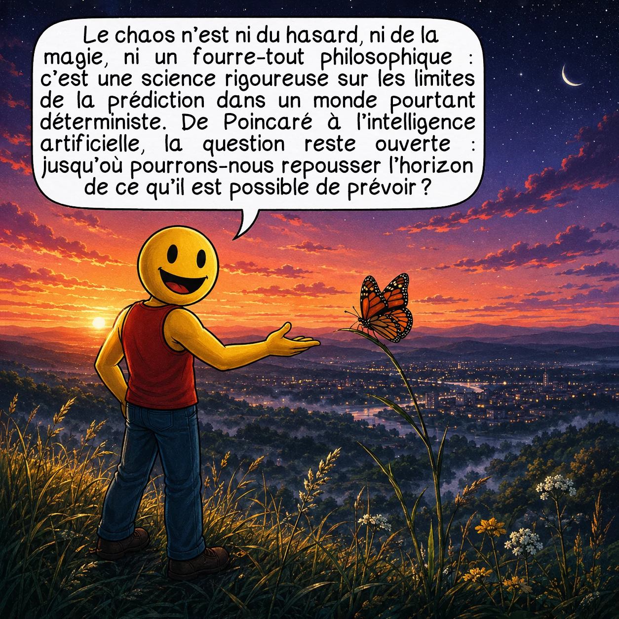 La théorie du chaos, case 10 : Voilà : le chaos n’est ni du hasard, ni de la magie, ni un fourre-tout philosophique — c’est une science rigoureuse sur les limites de la prédiction dans un monde pourtant déterministe. De Poincaré à l’intelligence artificielle, la question reste ouverte : jusqu’où pourrons-nous repousser l’horizon de ce qu’il est possible de prévoir ?
