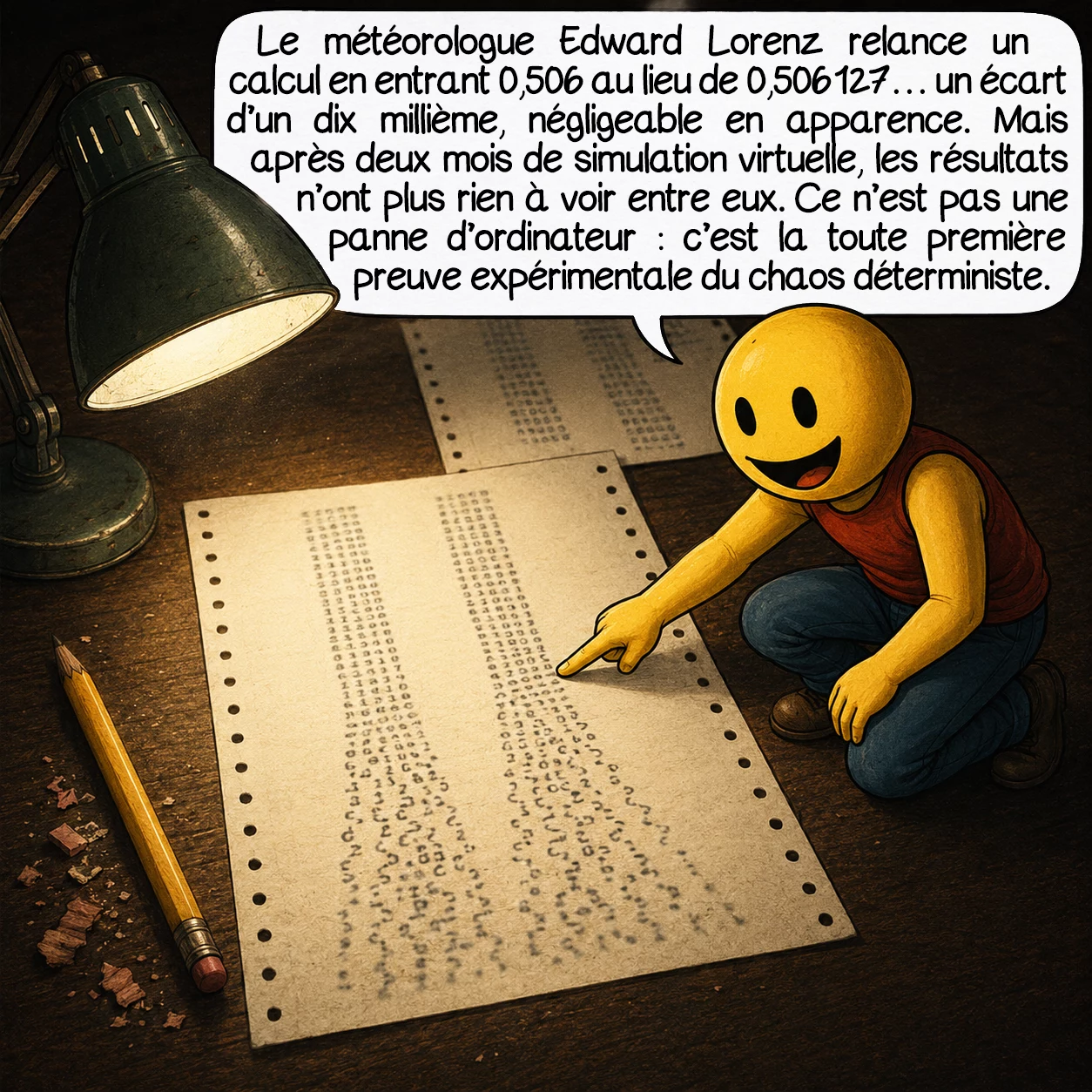 La théorie du chaos, case 2 : Le météorologue Edward Lorenz relance un calcul en entrant 0,506 au lieu de 0,506 127 — un écart d’un dix millième, négligeable en apparence. Mais après deux mois de simulation virtuelle, les résultats n’ont plus rien à voir entre eux. Ce n’est pas une panne d’ordinateur : c’est la toute première preuve expérimentale du chaos déterministe.