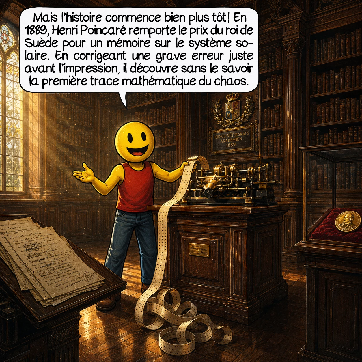 La théorie du chaos, case 3 : Mais l’histoire commence bien plus tôt ! En 1889, le mathématicien Henri Poincaré remporte le prix du roi de Suède pour un mémoire sur la stabilité du système solaire. Sauf qu’un télégramme arrive juste avant l’impression finale : il a trouvé une erreur grave dans son propre travail. En la corrigeant, il découvre, sans le savoir, la première trace mathématique du chaos.