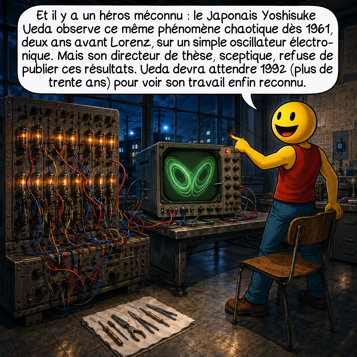 La théorie du chaos, case 4 : Et il y a un héros méconnu : le Japonais Yoshisuke Ueda observe ce même phénomène chaotique dès 1961, deux ans avant Lorenz, sur un simple oscillateur électronique. Mais son directeur de thèse, sceptique, refuse de publier ces résultats. Ueda devra attendre 1992 — plus de trente ans — pour voir son travail enfin reconnu.