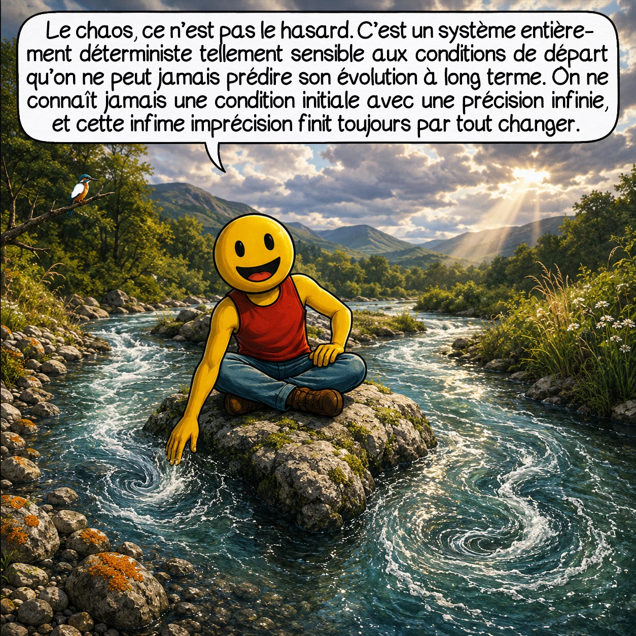 La théorie du chaos, case 5 : Le chaos, ce n’est pas le hasard. C’est un système entièrement déterministe — sans aucun tirage au sort — mais tellement sensible aux conditions de départ qu’on ne peut jamais prédire son évolution à long terme. La preuve : on ne connaît jamais une condition initiale avec une précision infinie, et cette infime imprécision finit toujours par tout changer.