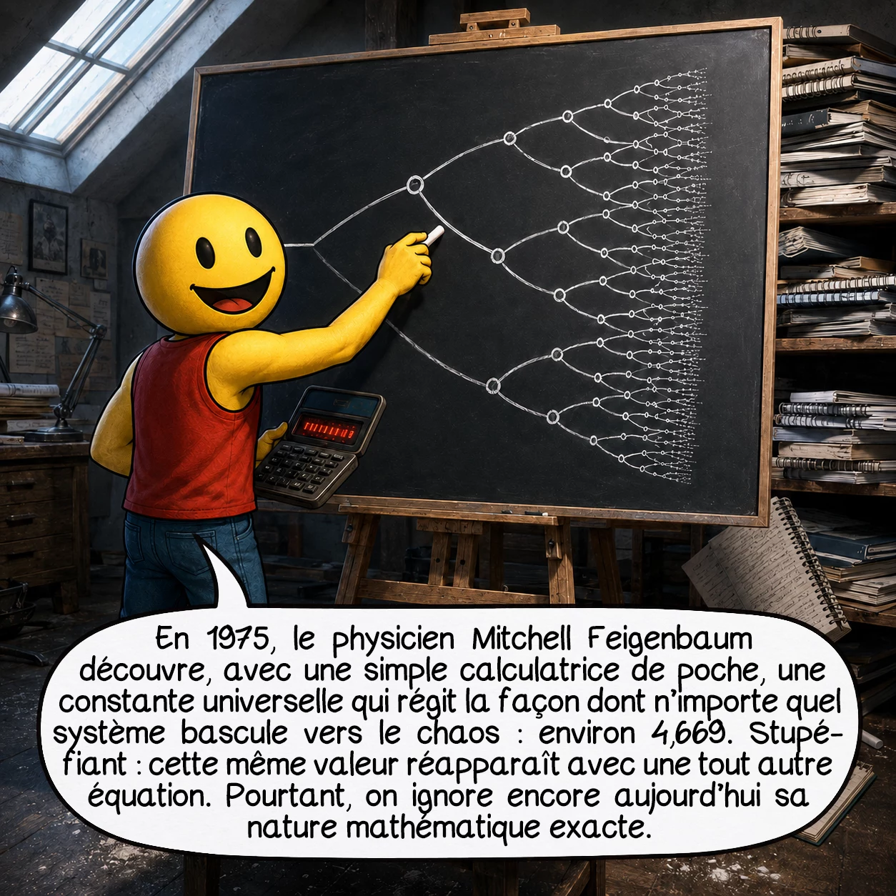 La théorie du chaos, case 6 : En 1975, le physicien Mitchell Feigenbaum découvre, avec une simple calculatrice de poche, une constante universelle qui régit la façon dont n’importe quel système bascule vers le chaos : environ 4,669. Stupéfiant : cette même valeur réapparaît avec une tout autre équation. Pourtant, on ignore encore aujourd’hui sa nature mathématique exacte.