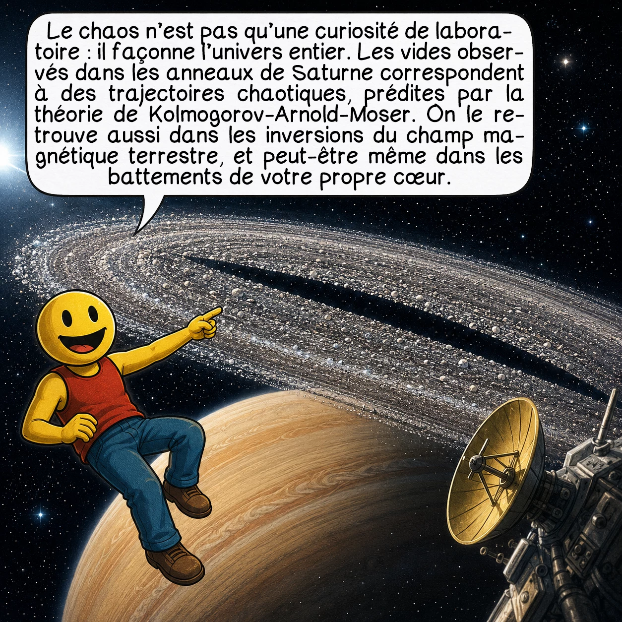 La théorie du chaos, case 7 : Le chaos n’est pas qu’une curiosité de laboratoire : il façonne l’univers entier. Les vides observés dans les anneaux de Saturne correspondent à des trajectoires chaotiques, prédites par la théorie de Kolmogorov-Arnold-Moser. On le retrouve aussi dans les inversions du champ magnétique terrestre, et peut-être même dans les battements de votre propre cœur.