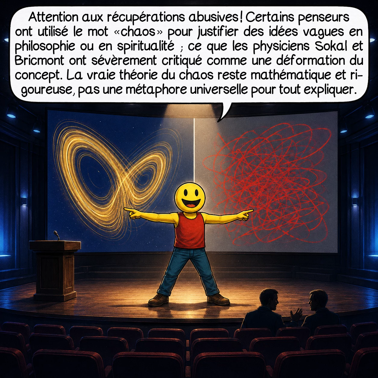 La théorie du chaos, case 8 : Attention aux récupérations abusives ! Certains penseurs ont utilisé le mot « chaos » pour justifier des idées vagues en philosophie ou en spiritualité — ce que les physiciens Sokal et Bricmont ont sévèrement critiqué comme une déformation du concept. La vraie théorie du chaos reste mathématique et rigoureuse, pas une métaphore universelle pour tout expliquer.