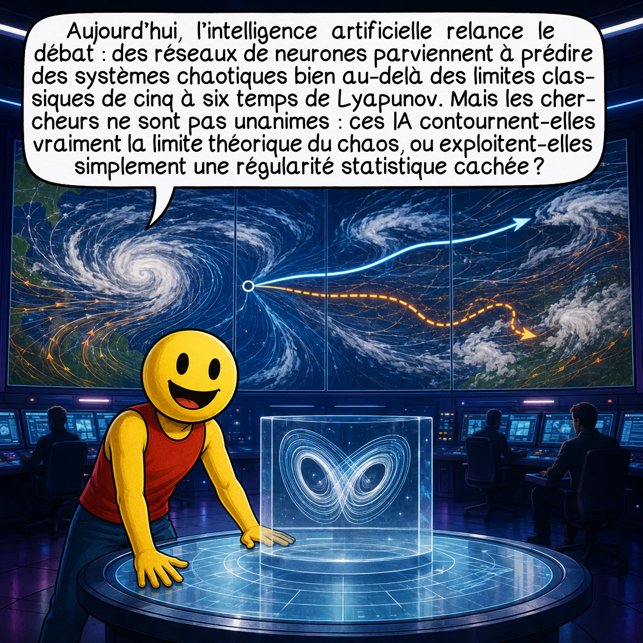 La théorie du chaos, case 9 : Aujourd’hui, l’intelligence artificielle relance le débat : des réseaux de neurones parviennent à prédire des systèmes chaotiques bien au-delà des limites classiques de cinq à six temps de Lyapunov. Mais les chercheurs ne sont pas unanimes : ces IA contournent-elles vraiment la limite théorique du chaos, ou exploitent-elles simplement une régularité statistique cachée ?