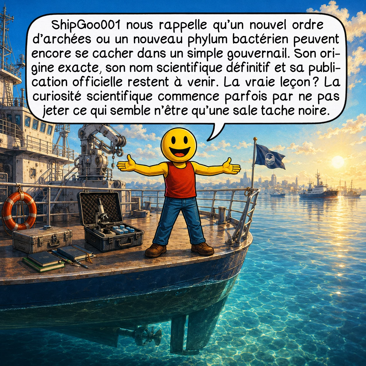 ShipGoo001, case 10 : ShipGoo 001 nous rappelle qu’un nouvel ordre d’archées ou un nouveau phylum bactérien peuvent encore se cacher dans un simple gouvernail. Son origine exacte, son nom scientifique définitif et sa publication officielle restent à venir. La vraie leçon ? La curiosité scientifique commence parfois par ne pas jeter ce qui semble n’être qu’une sale tache noire.