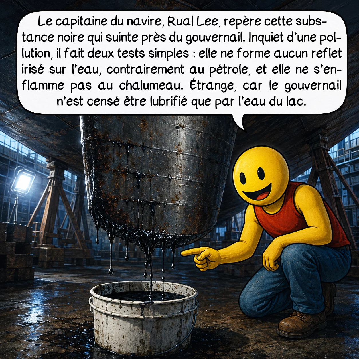 ShipGoo001, case 2 : Le capitaine du navire, Rual Lee, repère cette substance noire qui suinte près du gouvernail. Inquiet d’une pollution, il fait deux tests simples : elle ne forme aucun reflet irisé sur l’eau, contrairement au pétrole, et elle ne s’enflamme pas au chalumeau. Étrange, car le gouvernail n’est censé être lubrifié que par l’eau du lac.