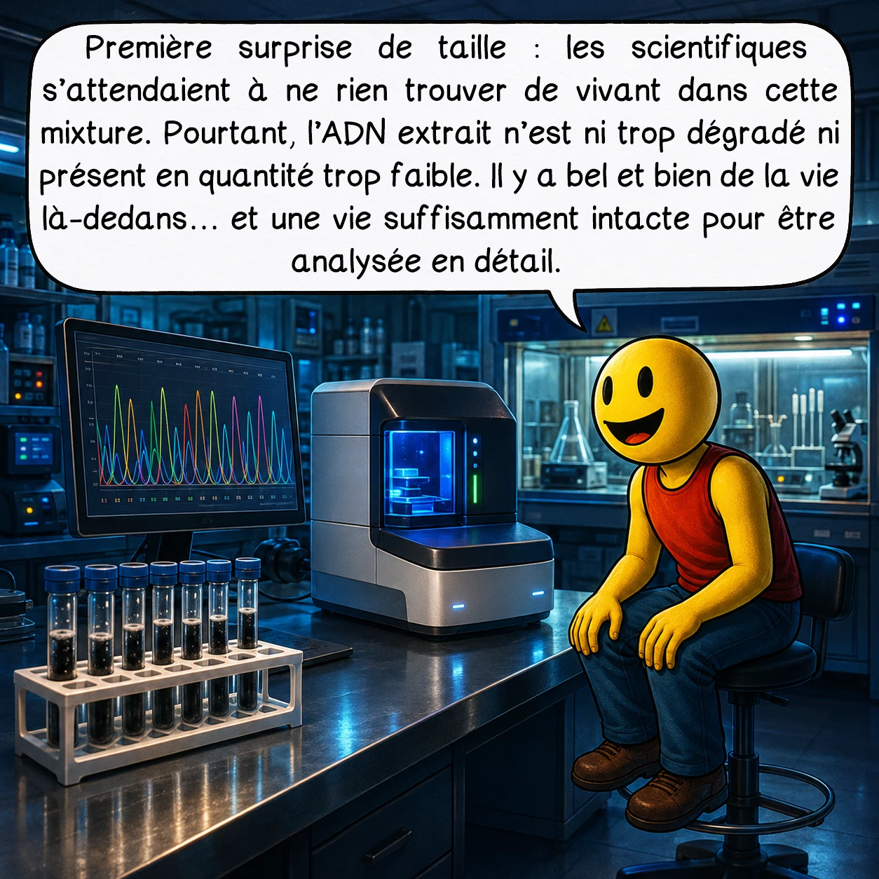 ShipGoo001, case 4 : Première surprise de taille : les scientifiques s’attendaient à ne rien trouver de vivant dans cette mixture. Pourtant, l’ADN extrait n’est ni trop dégradé ni présent en quantité trop faible. Il y a bel et bien de la vie là-dedans — et une vie suffisamment intacte pour être analysée en détail.
