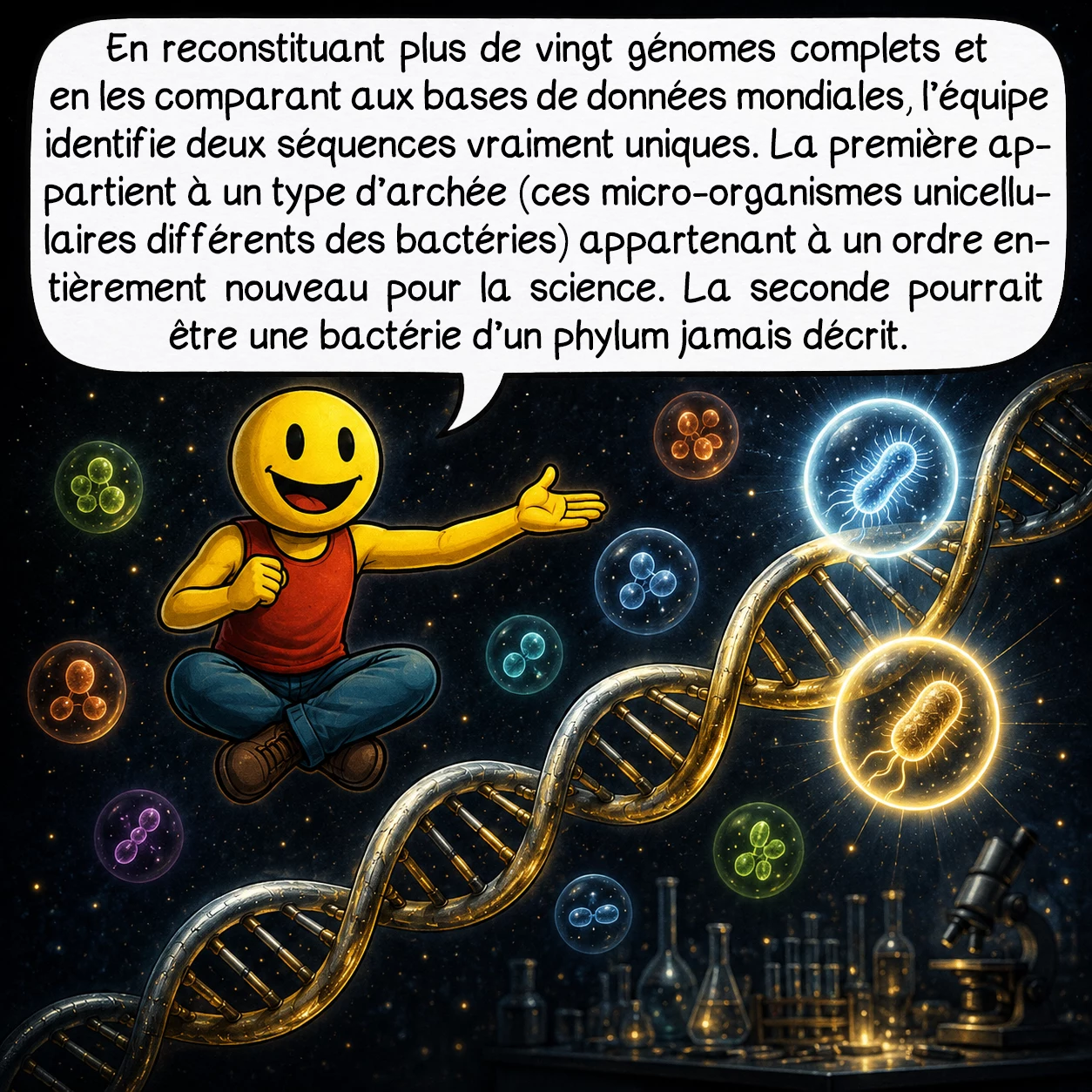 ShipGoo001, case 5 : En reconstituant plus de vingt génomes complets et en les comparant aux bases de données mondiales, l’équipe identifie deux séquences vraiment uniques. La première appartient à un type d’archée — ces micro-organismes unicellulaires différents des bactéries — appartenant à un ordre entièrement nouveau pour la science. La seconde pourrait être une bactérie d’un phylum jamais décrit.