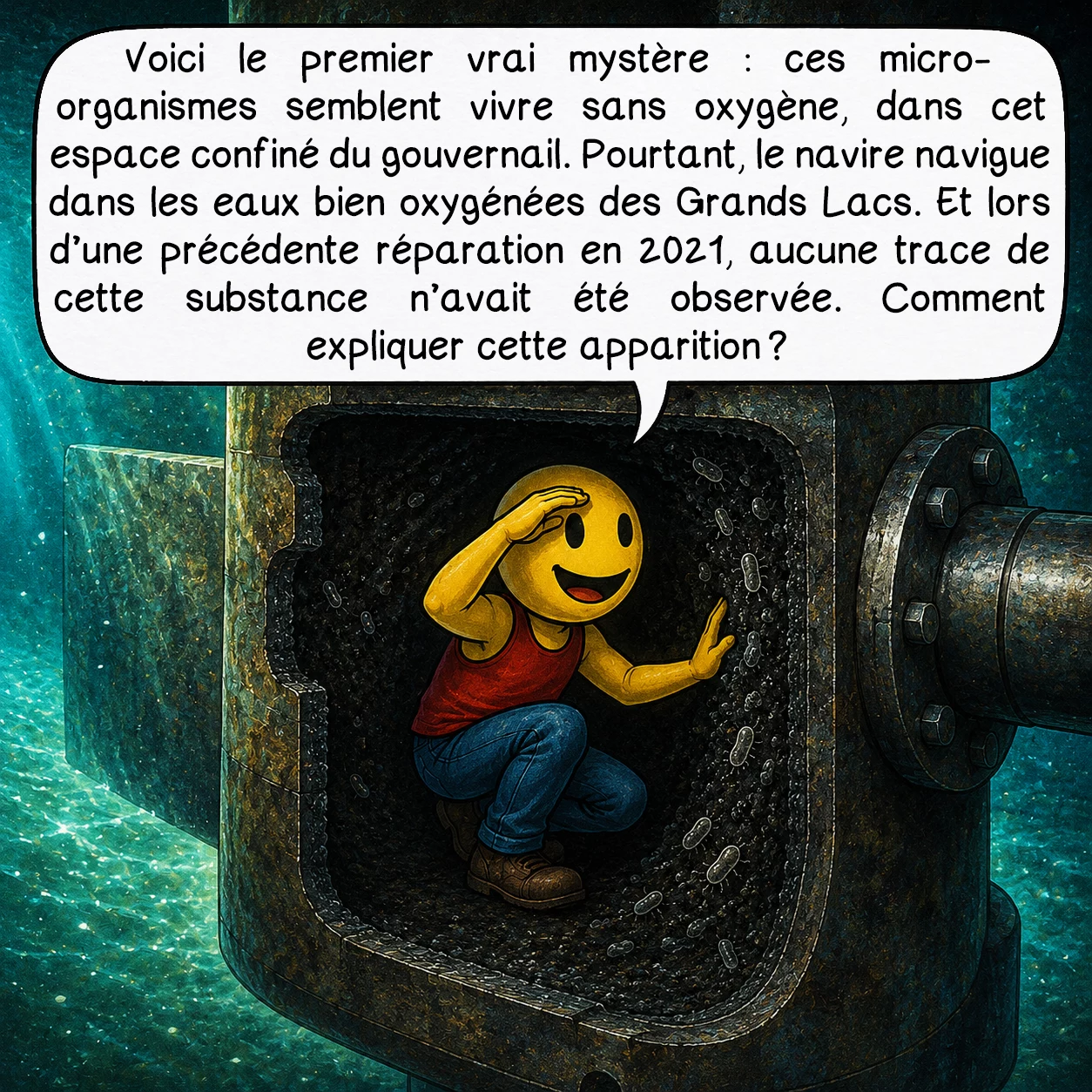 ShipGoo001, case 6 : Voici le premier vrai mystère : ces micro-organismes semblent vivre sans oxygène, dans cet espace confiné du gouvernail. Pourtant, le navire navigue dans les eaux bien oxygénées des Grands Lacs. Et lors d’une précédente réparation en 2021, aucune trace de cette substance n’avait été observée. Comment expliquer cette apparition ?