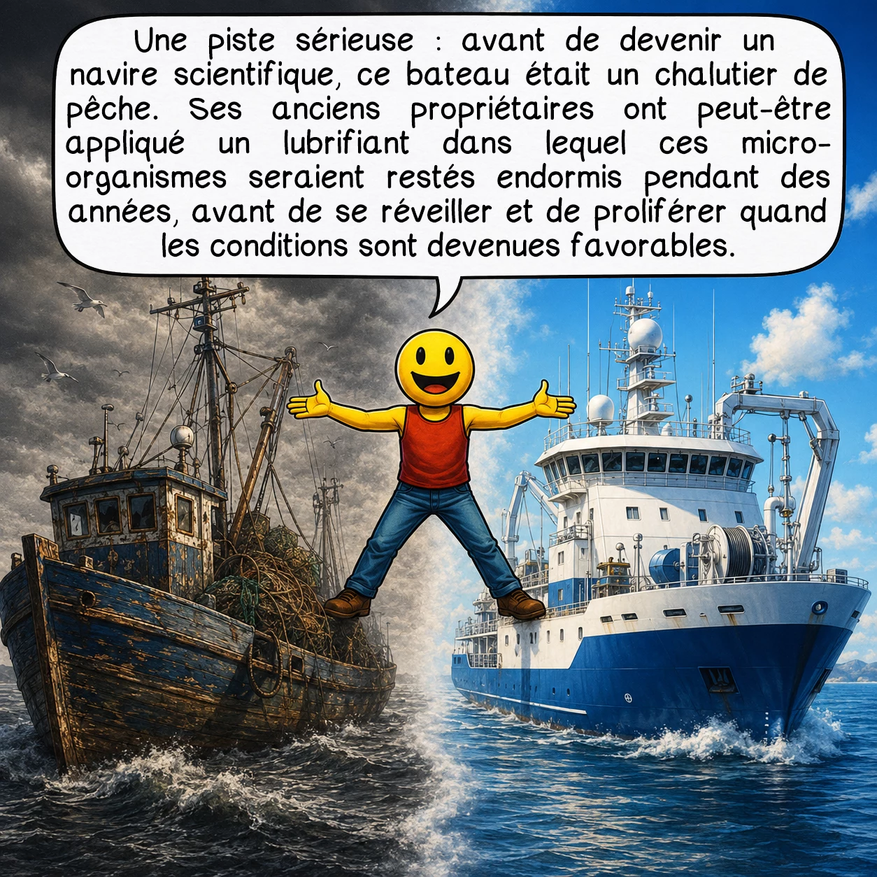 ShipGoo001, case 7 : Une piste sérieuse : avant de devenir un navire scientifique, ce bateau était un chalutier de pêche. Ses anciens propriétaires ont peut-être appliqué un lubrifiant dans lequel ces micro-organismes seraient restés endormis pendant des années, avant de se réveiller et de proliférer quand les conditions sont devenues favorables.