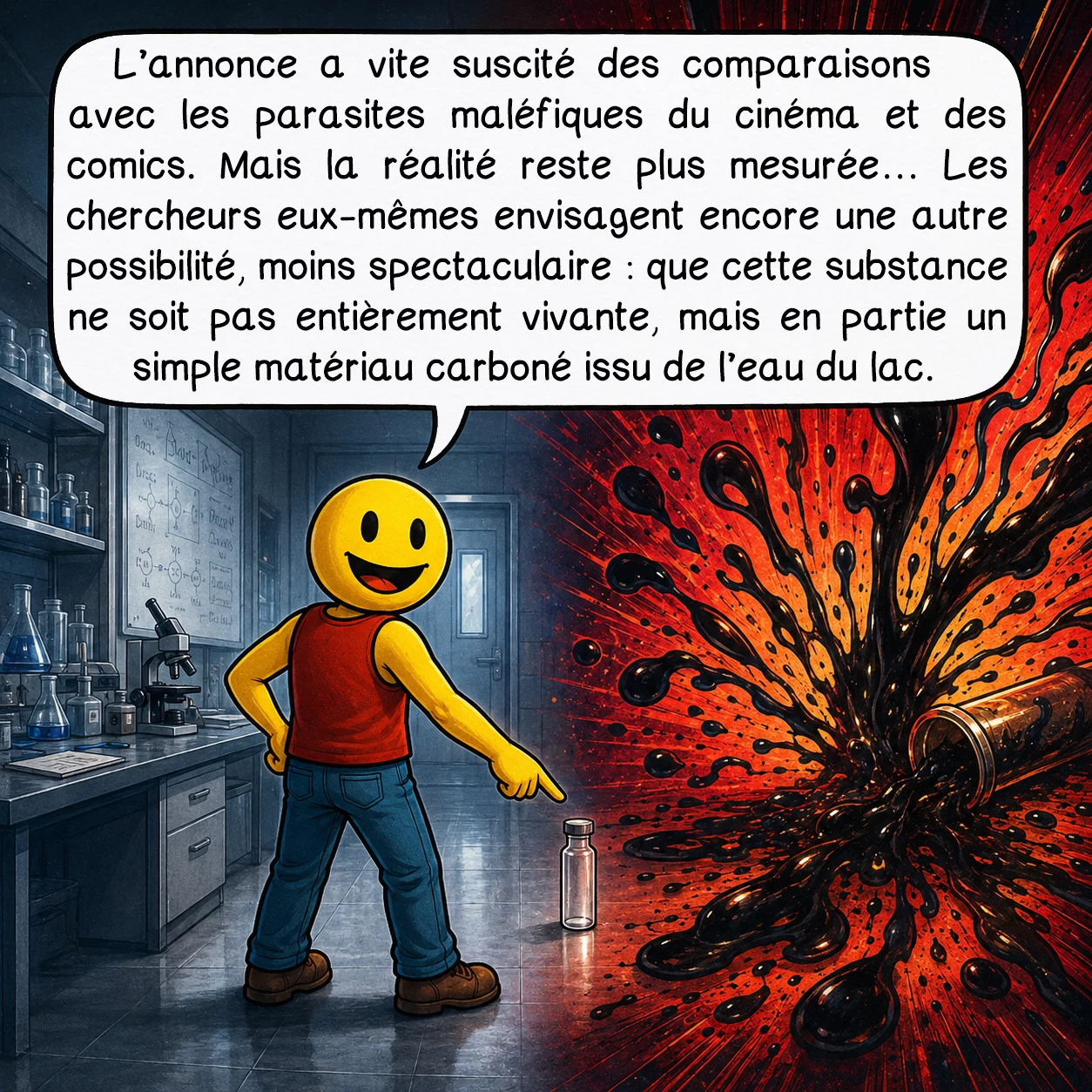 ShipGoo001, case 9 : L’annonce a vite suscité des comparaisons avec les parasites maléfiques du cinéma et des comics. Mais la réalité reste plus mesurée : les chercheurs eux-mêmes envisagent encore une autre possibilité, moins spectaculaire — que cette substance ne soit pas entièrement vivante, mais en partie un simple matériau carboné issu de l’eau du lac.