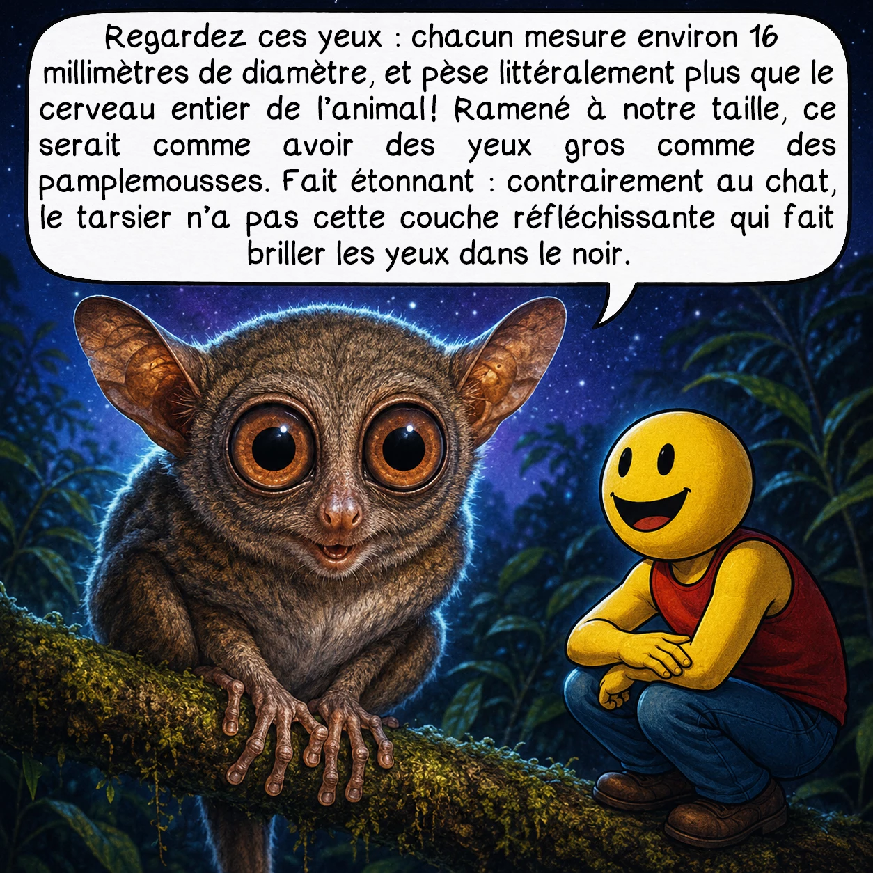 Le tarsier, case 2 : Regardez ces yeux : chacun mesure environ 16 millimètres de diamètre, et pèse littéralement plus que le cerveau entier de l’animal ! Ramené à notre taille, ce serait comme avoir des yeux gros comme des pamplemousses. Fait étonnant : contrairement au chat, le tarsier n’a pas cette couche réfléchissante qui fait briller les yeux dans le noir.