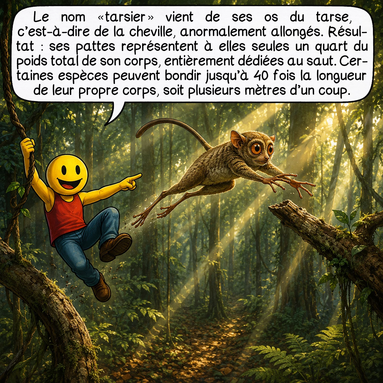 Le tarsier, case 3 : Le nom « tarsier » vient de ses os du tarse, c’est-à-dire de la cheville, anormalement allongés. Résultat : ses pattes représentent à elles seules un quart du poids total de son corps, entièrement dédiées au saut. Certaines espèces peuvent bondir jusqu’à 40 fois la longueur de leur propre corps, soit plusieurs mètres d’un coup.