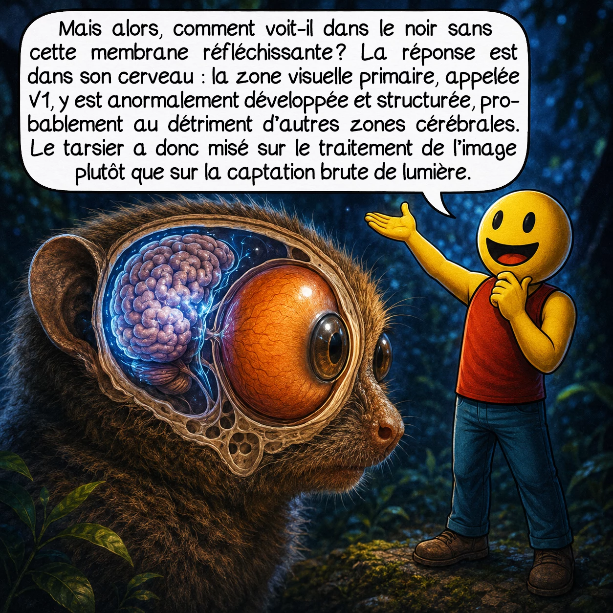 Le tarsier, case 4 : Mais alors, comment voit-il dans le noir sans cette membrane réfléchissante ? La réponse est dans son cerveau : la zone visuelle primaire, appelée V1, y est anormalement développée et structurée, probablement au détriment d’autres zones cérébrales. Le tarsier a donc misé sur le traitement de l’image plutôt que sur la captation brute de lumière.