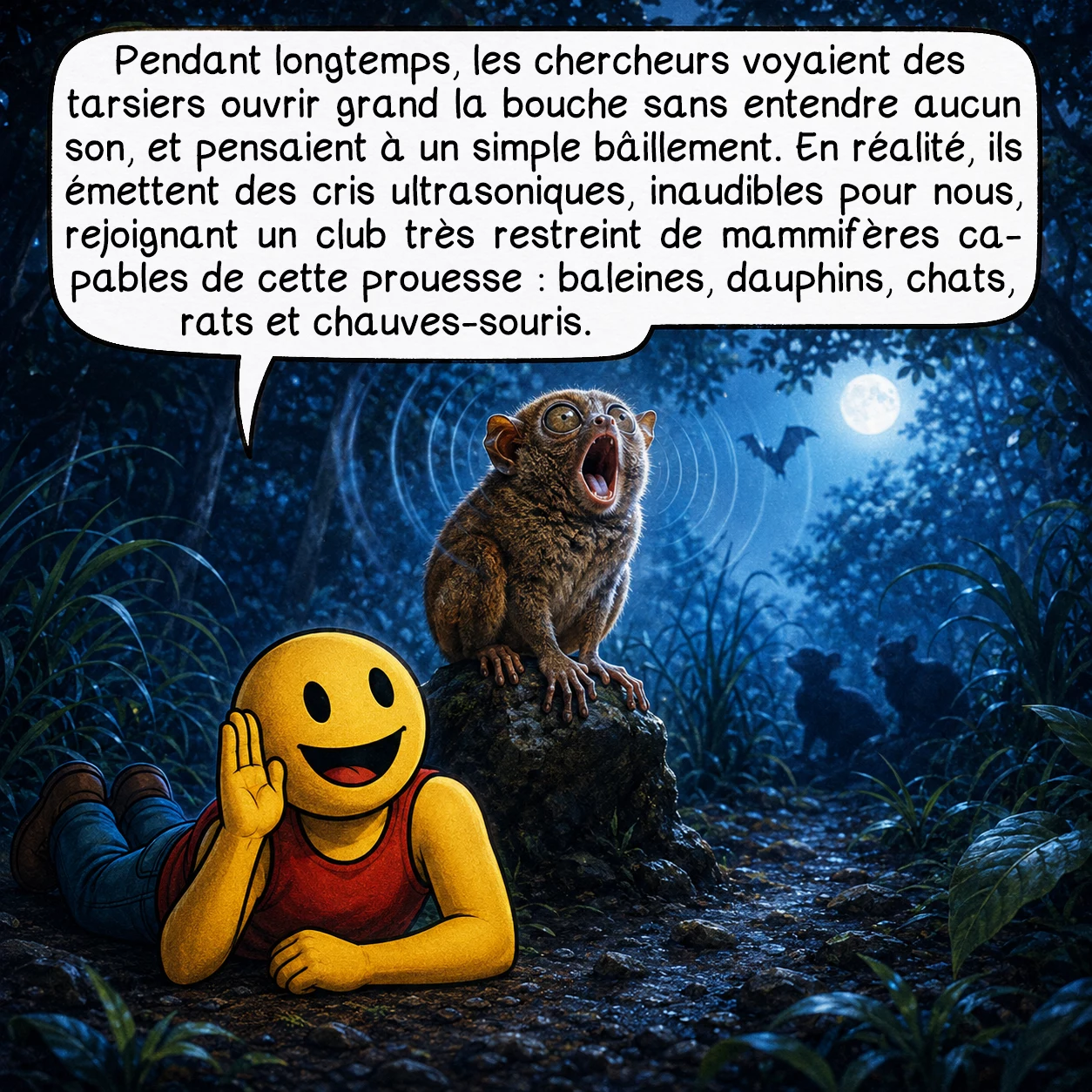 Le tarsier, case 5 : Pendant longtemps, les chercheurs voyaient des tarsiers ouvrir grand la bouche sans entendre aucun son, et pensaient à un simple bâillement. En réalité, ils émettent des cris ultrasoniques, inaudibles pour nous, rejoignant un club très restreint de mammifères capables de cette prouesse : baleines, dauphins, chats, rats et chauves-souris.