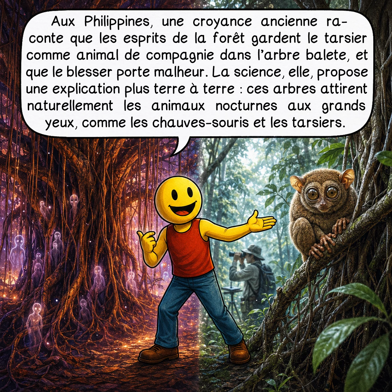 Le tarsier, case 7 : Aux Philippines, une croyance ancienne raconte que les esprits de la forêt gardent le tarsier comme animal de compagnie dans l’arbre balete, et que le blesser porte malheur. La science, elle, propose une explication plus terre à terre : ces arbres attirent naturellement les animaux nocturnes aux grands yeux, comme les chauves-souris et les tarsiers.