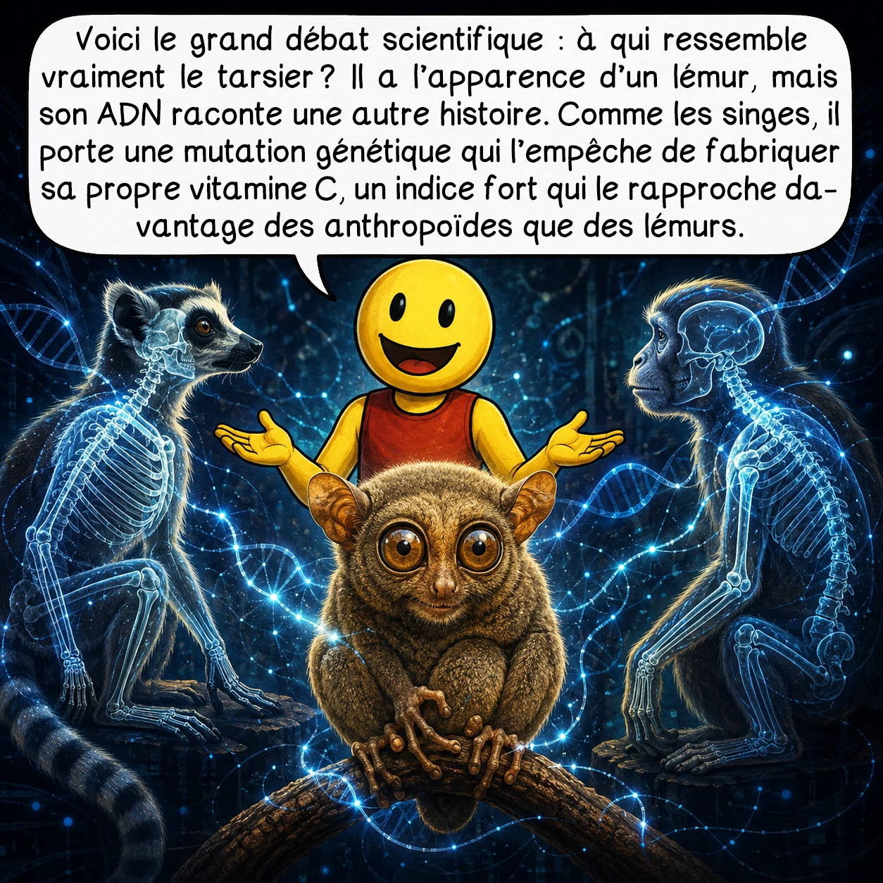 Le tarsier, case 8 : Voici le grand débat scientifique : à qui ressemble vraiment le tarsier ? Il a l’apparence d’un lémur, mais son ADN raconte une autre histoire. Comme les singes, il porte une mutation génétique qui l’empêche de fabriquer sa propre vitamine C, un indice fort qui le rapproche davantage des anthropoïdes que des lémurs.