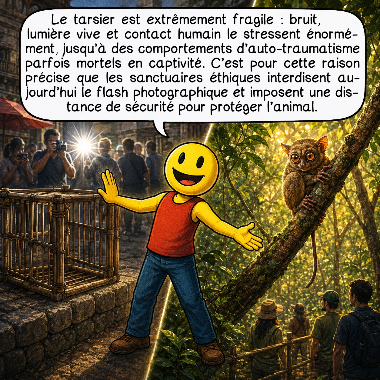Le tarsier, case 9 : Le tarsier est extrêmement fragile : bruit, lumière vive et contact humain le stressent énormément, jusqu’à des comportements d’auto-traumatisme parfois mortels en captivité. C’est pour cette raison précise que les sanctuaires éthiques interdisent aujourd’hui le flash photographique et imposent une distance de sécurité pour protéger l’animal.