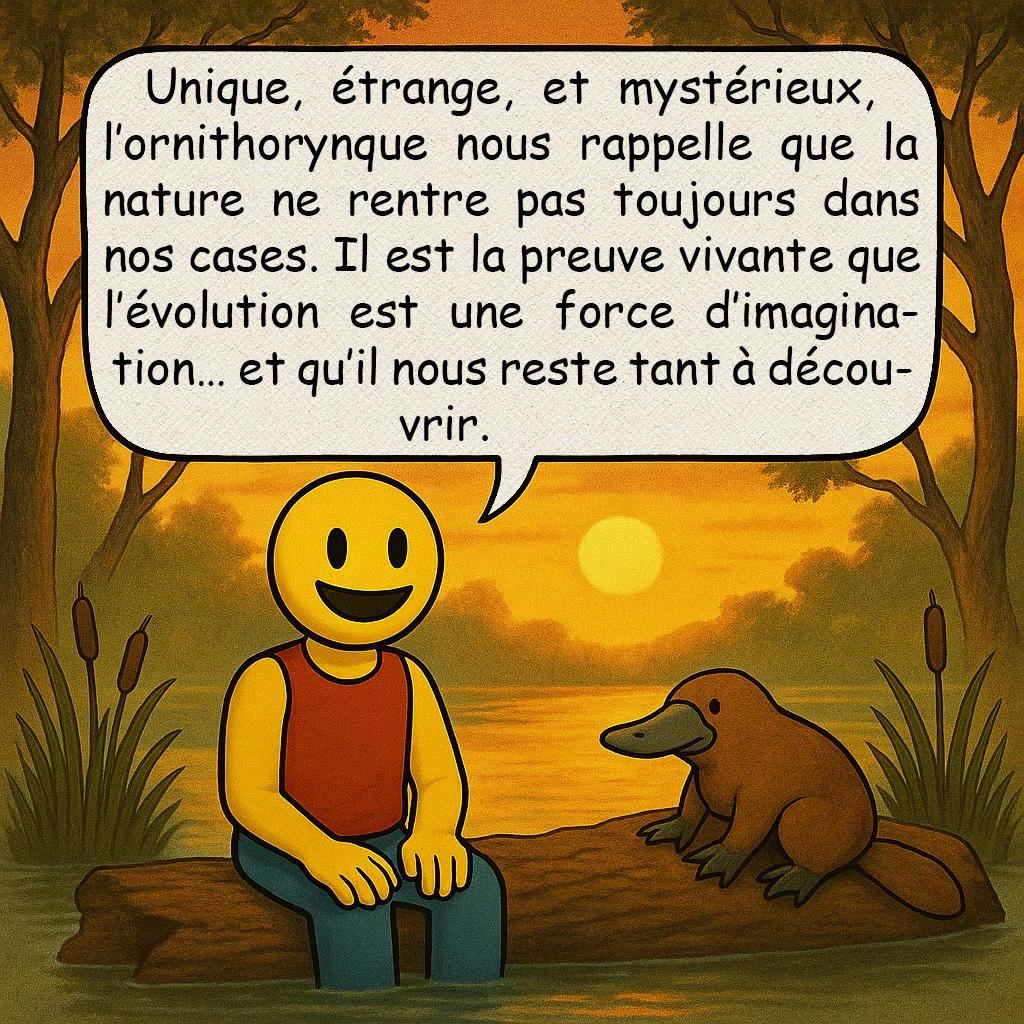 L’ornithorynque, case 10 : – CONCLUSION
Unique, étrange, et mystérieux, l’ornithorynque nous rappelle que la nature ne rentre pas toujours dans nos cases. Il est la preuve vivante que l’évolution est une force d’imagination… et qu’il nous reste tant à découvrir.