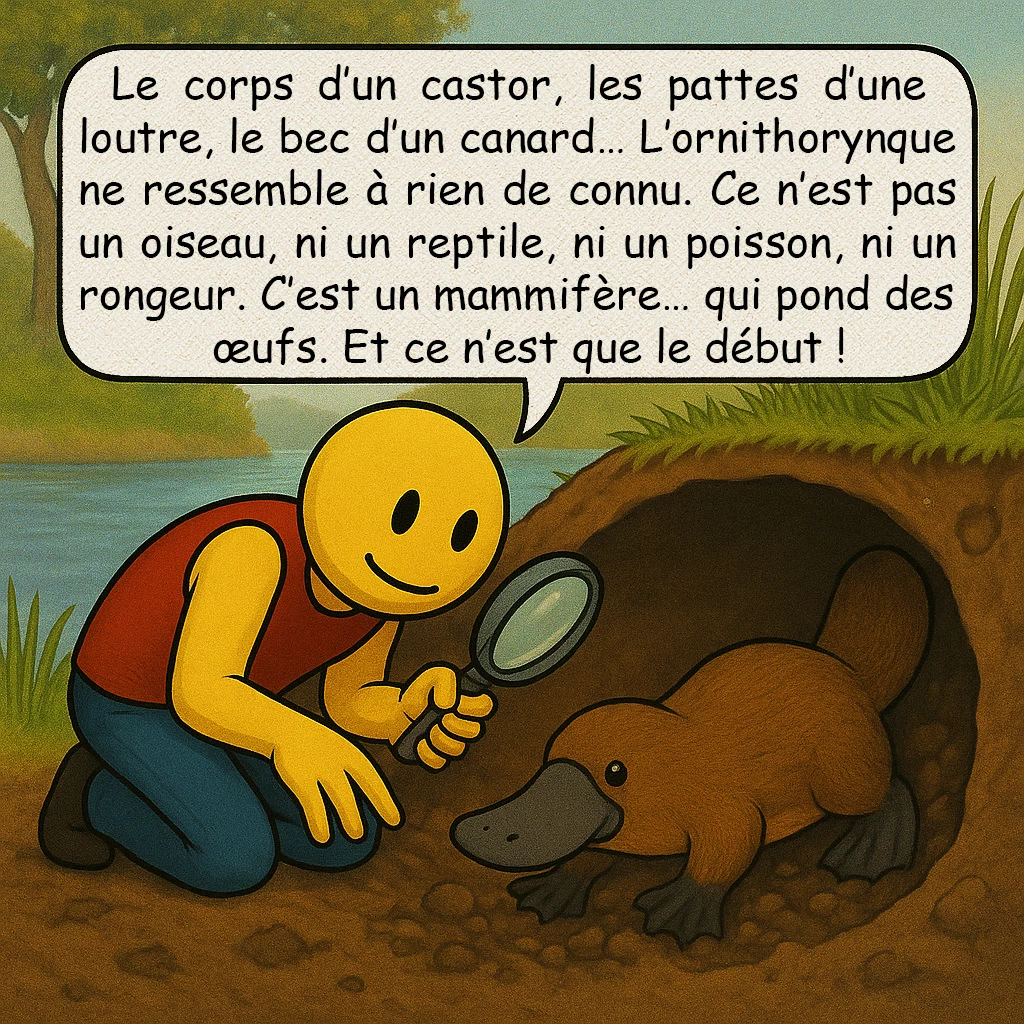 L’ornithorynque, case 2 : – ANATOMIE SINGULIÈRE
Le corps d’un castor, les pattes d’une loutre, le bec d’un canard… L’ornithorynque ne ressemble à rien de connu. Ce n’est pas un oiseau, ni un reptile, ni un poisson, ni un rongeur. C’est un mammifère… qui pond des œufs. Et ce n’est que le début !