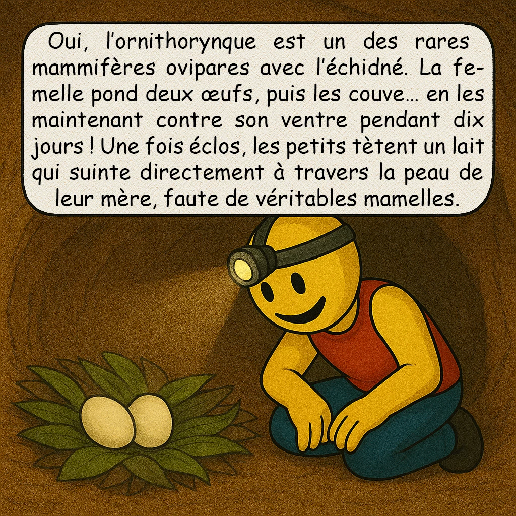 L’ornithorynque, case 3 : – UN MAMMIFÈRE QUI POND DES ŒUFS
Oui, l’ornithorynque est un des rares mammifères ovipares avec l’échidné. La femelle pond deux œufs, puis les couve… en les maintenant contre son ventre pendant dix jours ! Une fois éclos, les petits tètent un lait qui suinte directement à travers la peau de leur mère, faute de véritables mamelles.