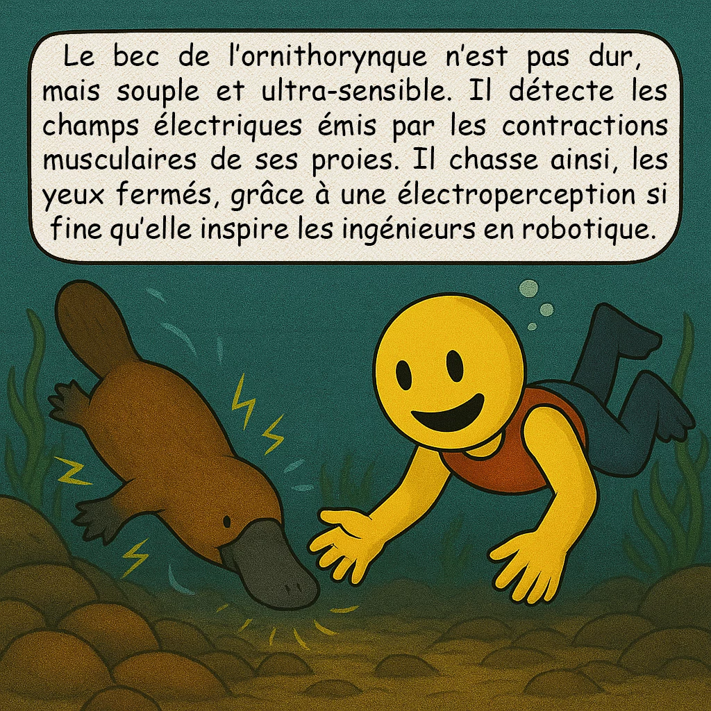 L’ornithorynque, case 4 : – UN SYSTÈME DE DÉTECTION ÉLECTRIQUE
Le bec de l’ornithorynque n’est pas dur, mais souple et ultra-sensible. Il détecte les champs électriques émis par les contractions musculaires de ses proies. Il chasse ainsi, les yeux fermés, grâce à une électroperception si fine qu’elle inspire les ingénieurs en robotique.