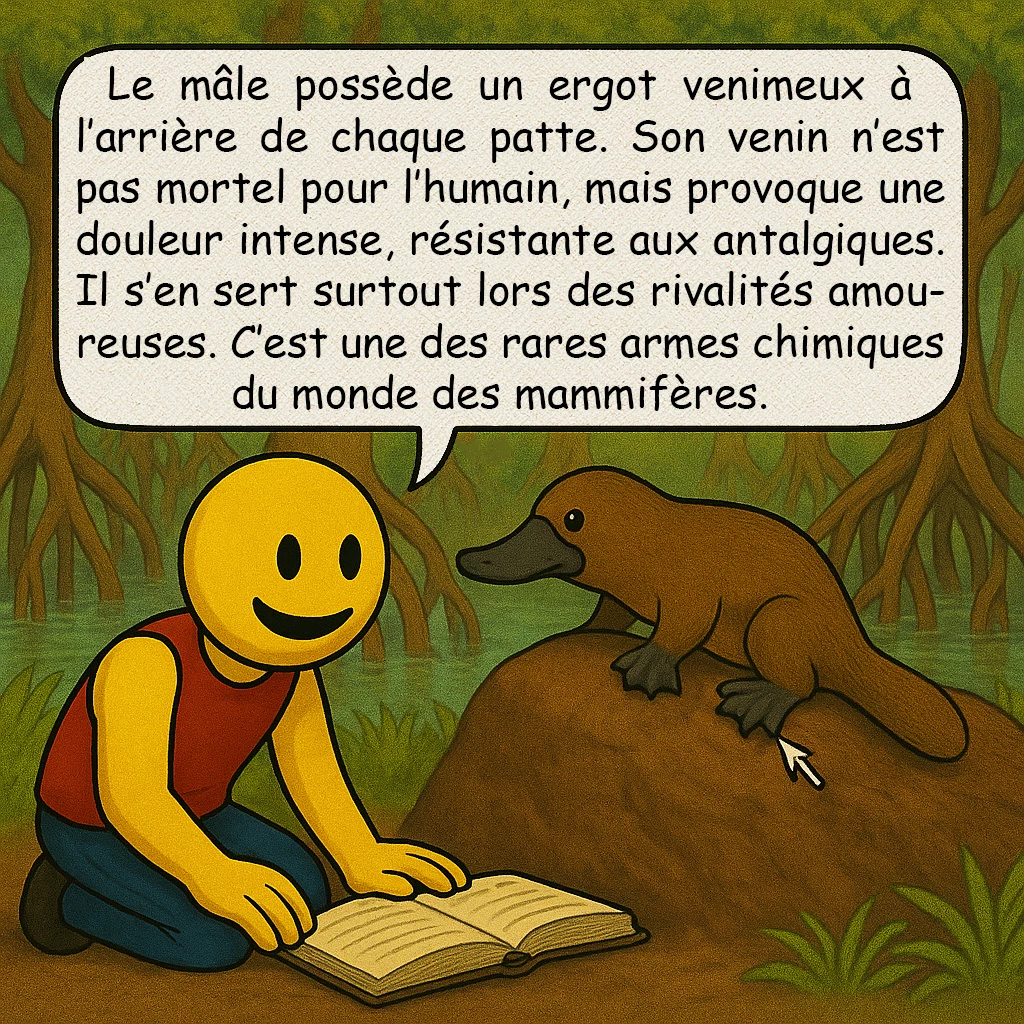 L’ornithorynque, case 5 : – UN VENIN CHEZ LE MÂLE
Le mâle possède un ergot venimeux à l’arrière de chaque patte. Son venin n’est pas mortel pour l’humain, mais provoque une douleur intense, résistante aux antalgiques. Il s’en sert surtout lors des rivalités amoureuses. C’est une des rares armes chimiques du monde des mammifères.