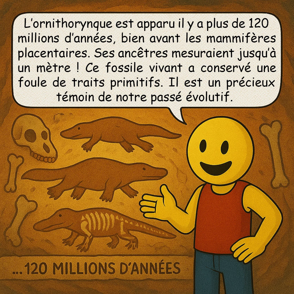 L’ornithorynque, case 6 : – UN ANIMAL PRÉHISTORIQUE ?
L’ornithorynque est apparu il y a plus de 120 millions d’années, bien avant les mammifères placentaires. Ses ancêtres mesuraient jusqu’à un mètre ! Ce fossile vivant a conservé une foule de traits primitifs. Il est un précieux témoin de notre passé évolutif.
